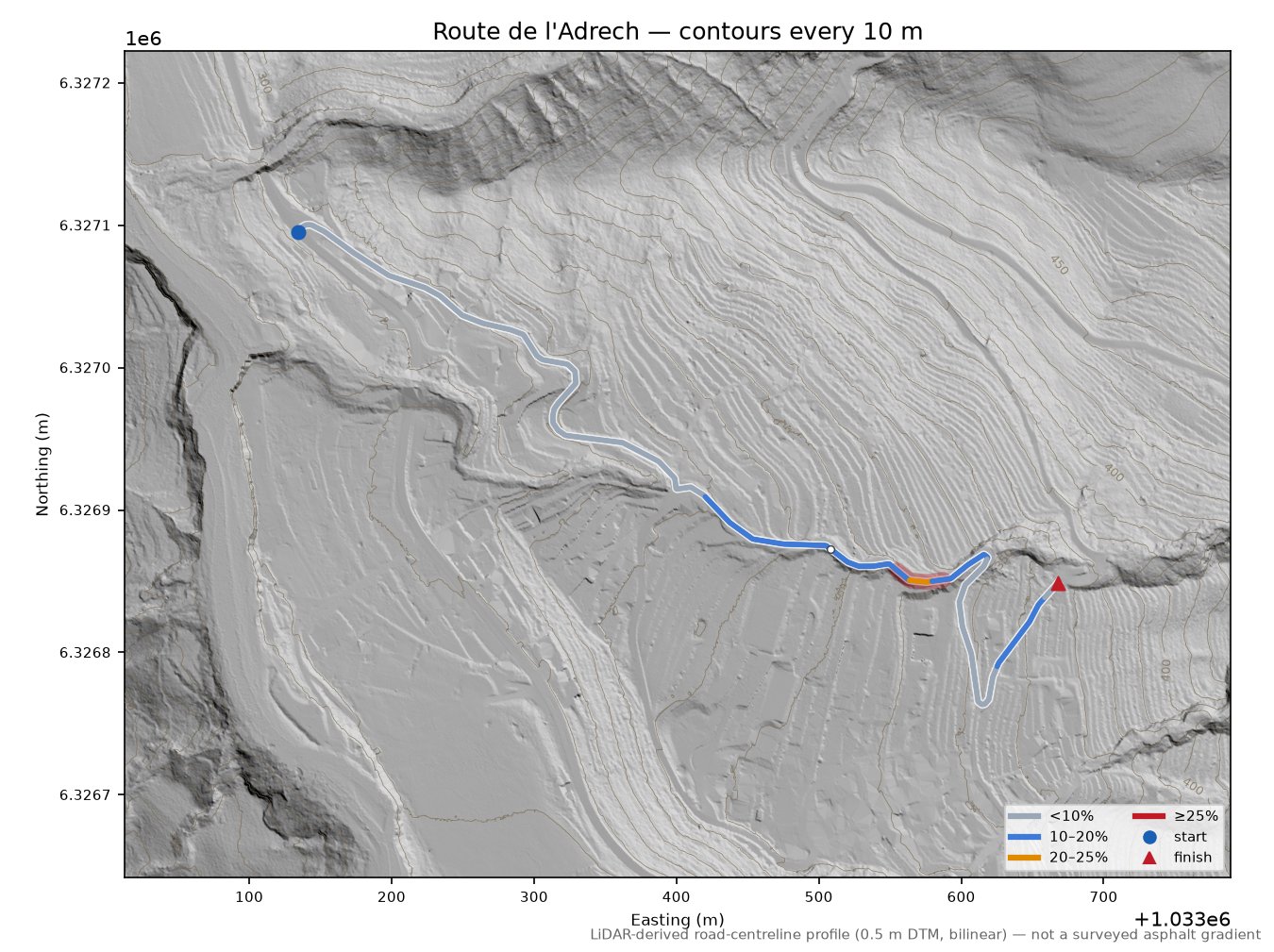 Route de l'Adrech LiDAR hillshade map with contours