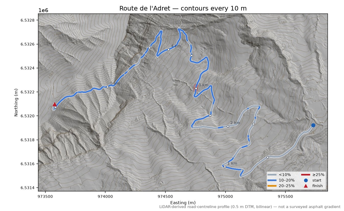 Route de l'Adret LiDAR hillshade map with contours