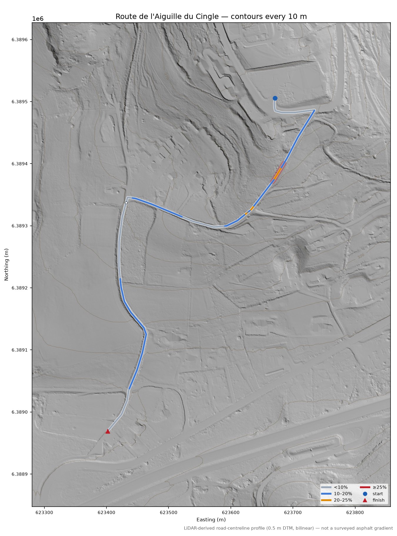 Route de l'Aiguille du Cingle LiDAR hillshade map with contours