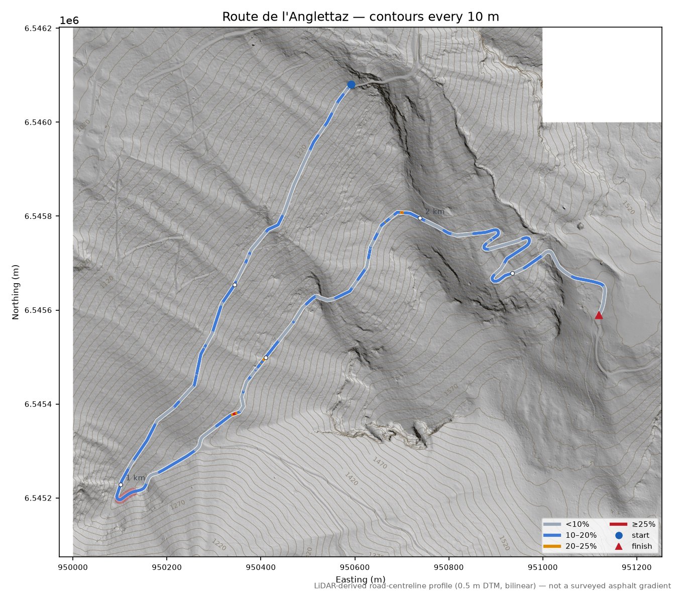 Route de l'Anglettaz LiDAR hillshade map with contours