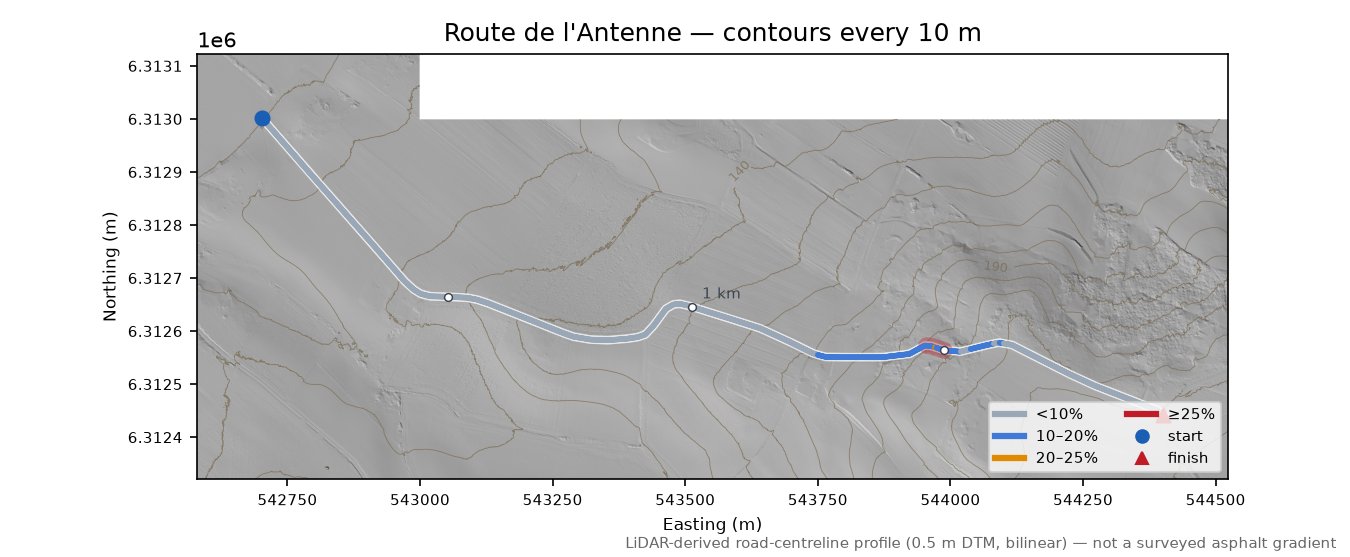 Route de l'Antenne LiDAR hillshade map with contours