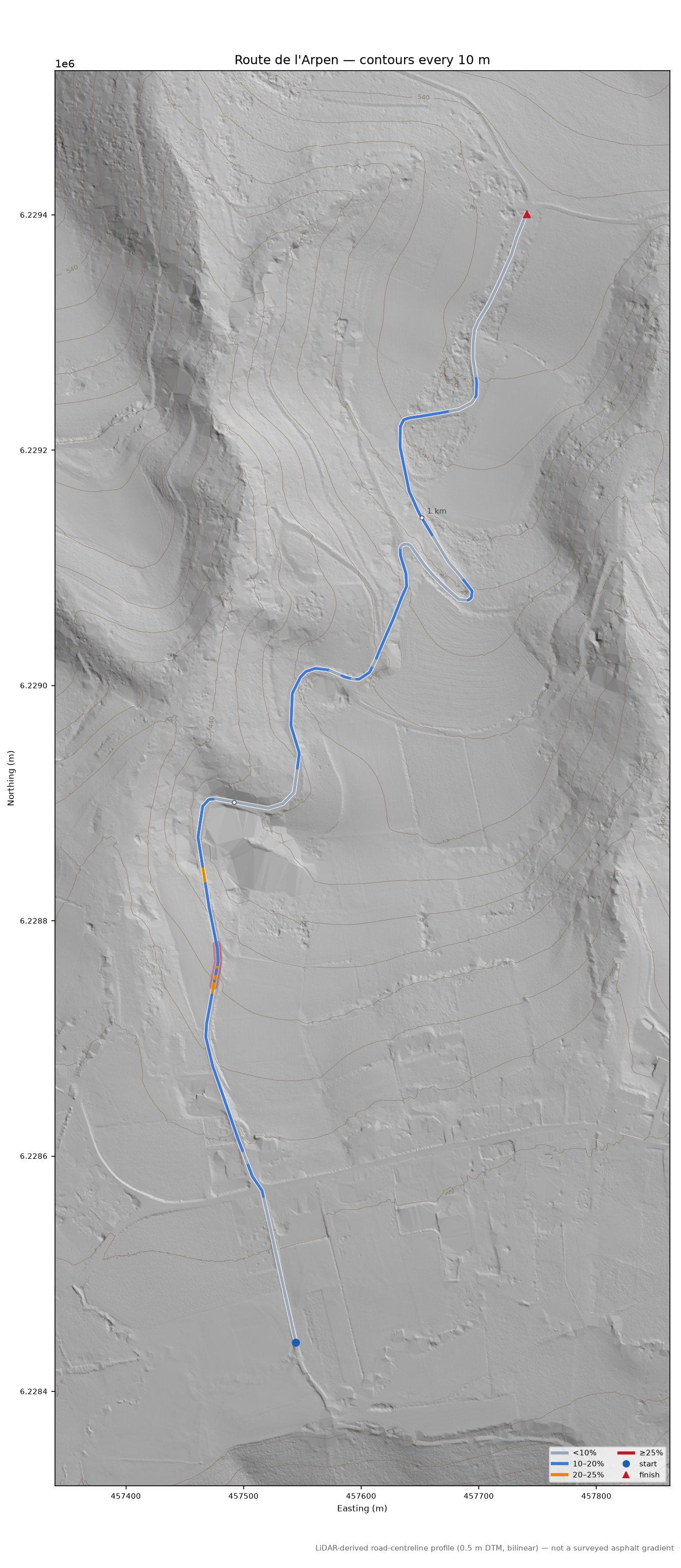 Route de l'Arpen LiDAR hillshade map with contours