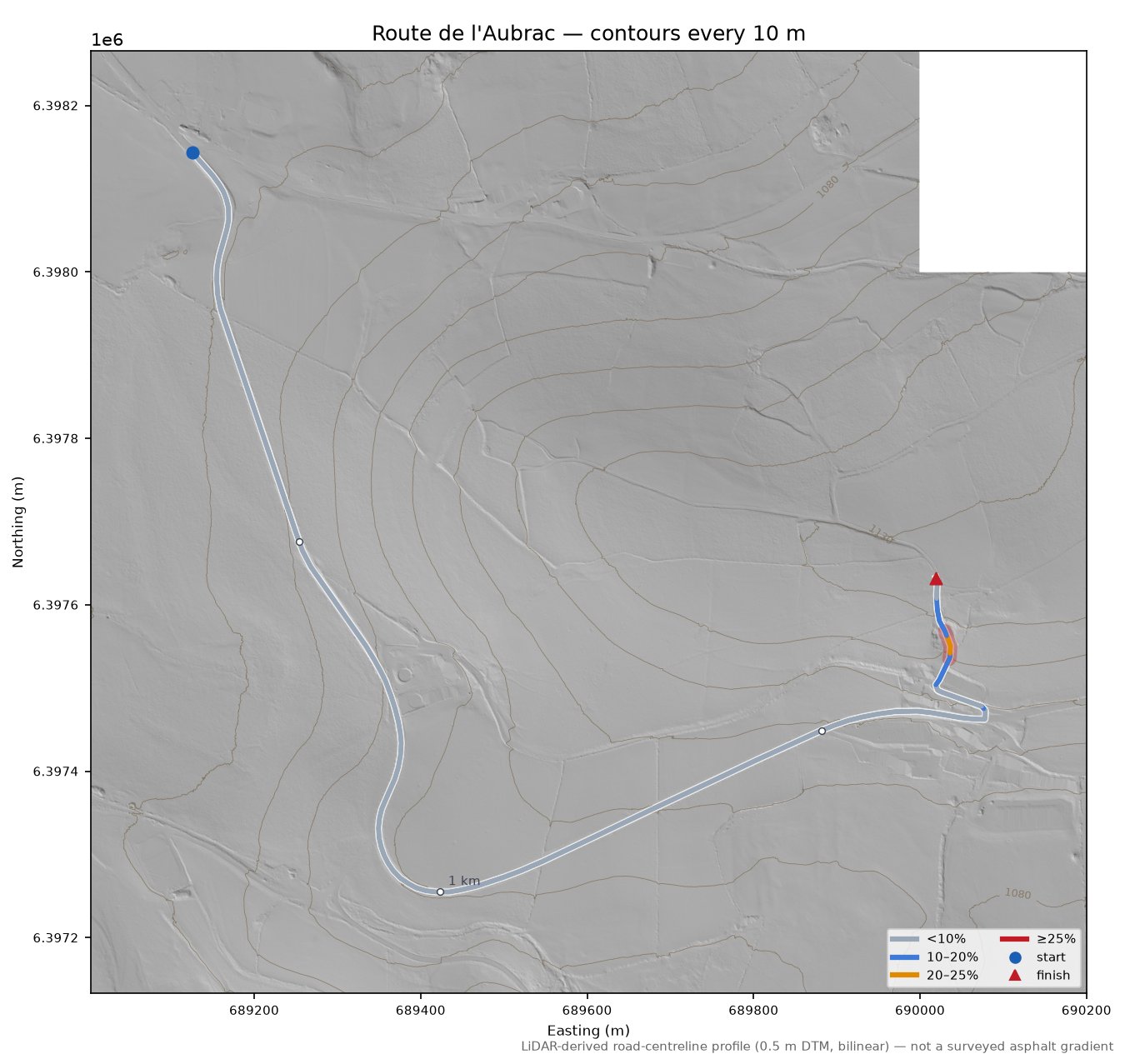 Route de l'Aubrac LiDAR hillshade map with contours