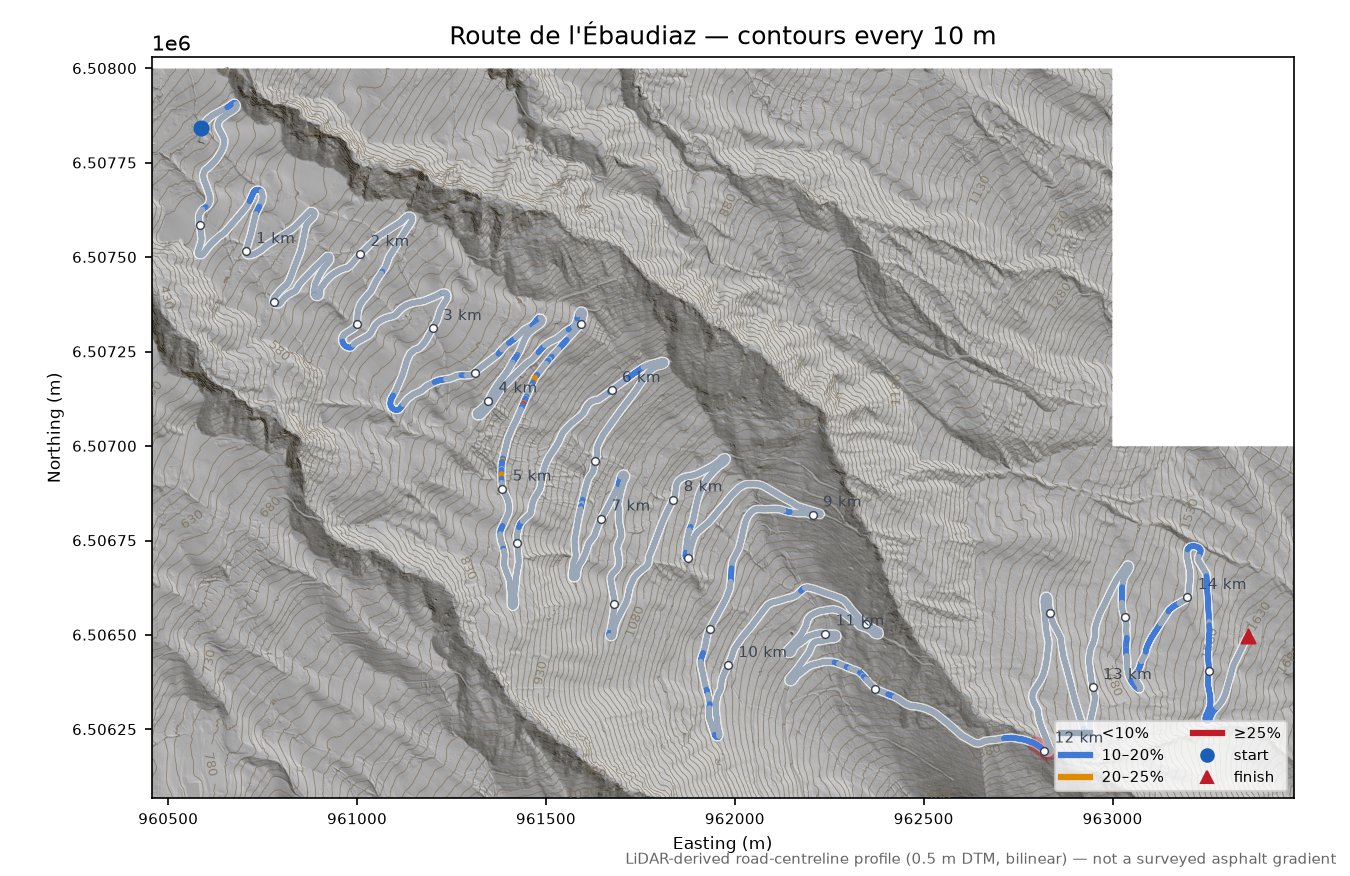 Route de l'Ébaudiaz LiDAR hillshade map with contours