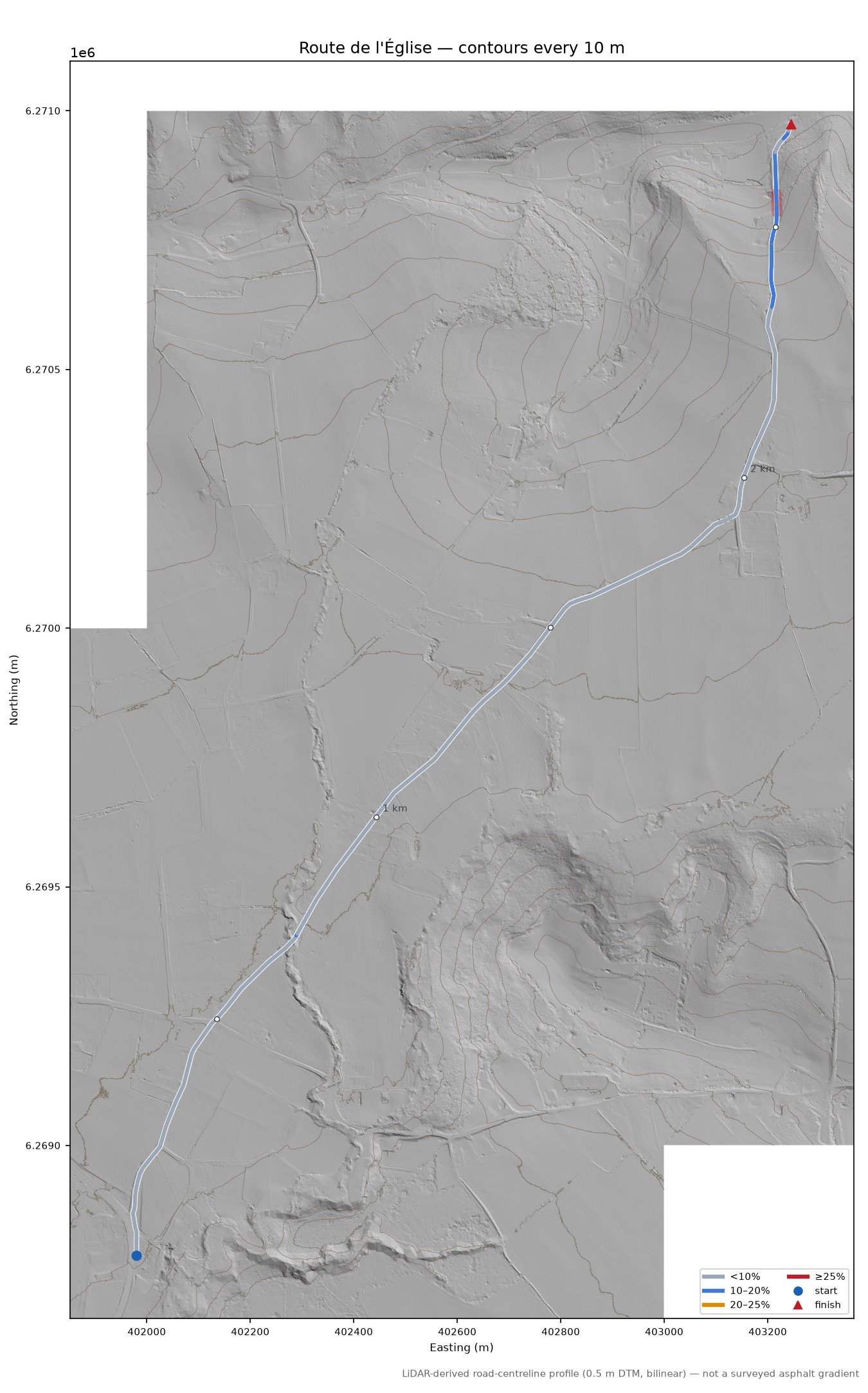 Route de l'Église LiDAR hillshade map with contours