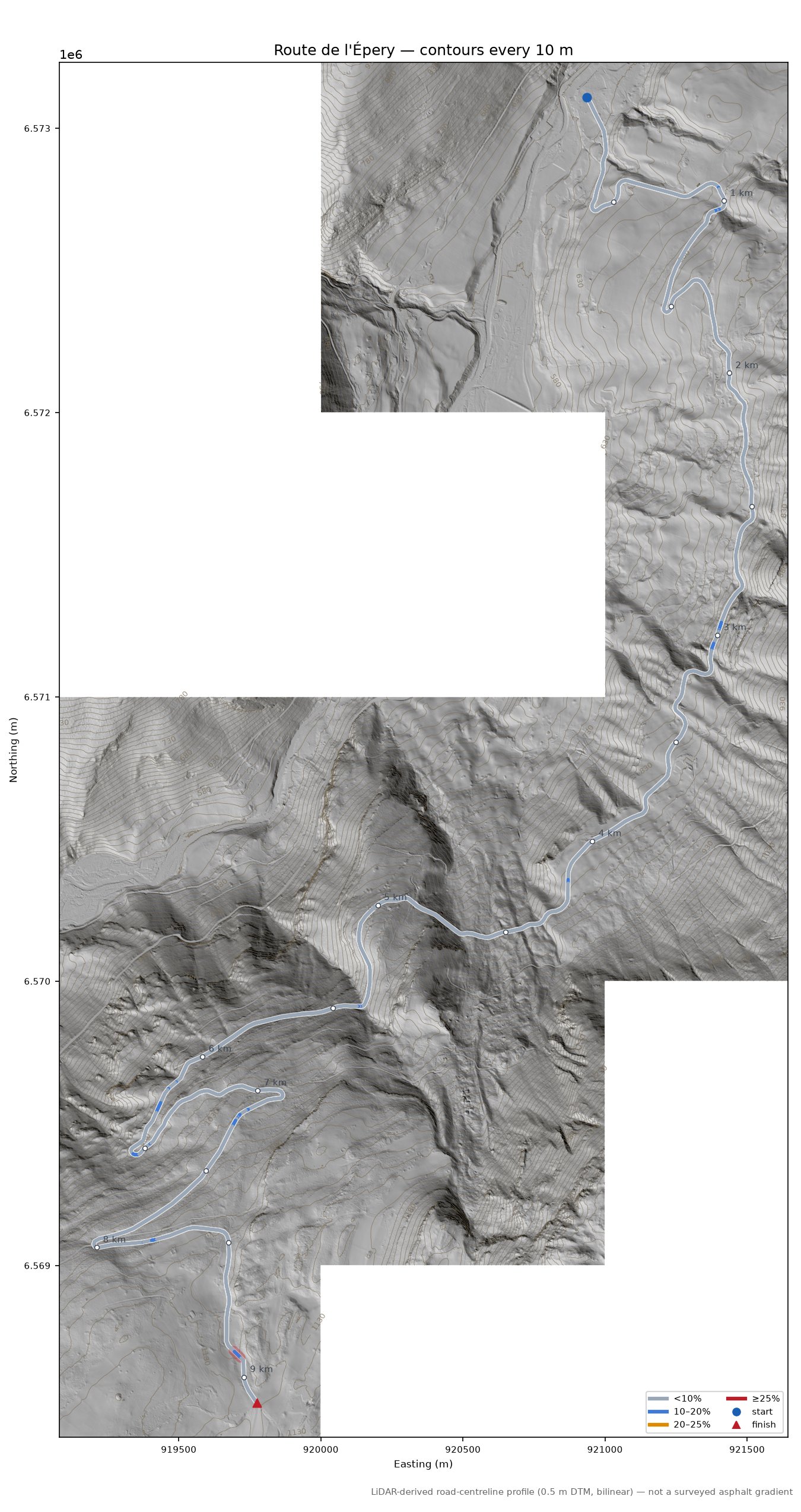 Route de l'Épery LiDAR hillshade map with contours