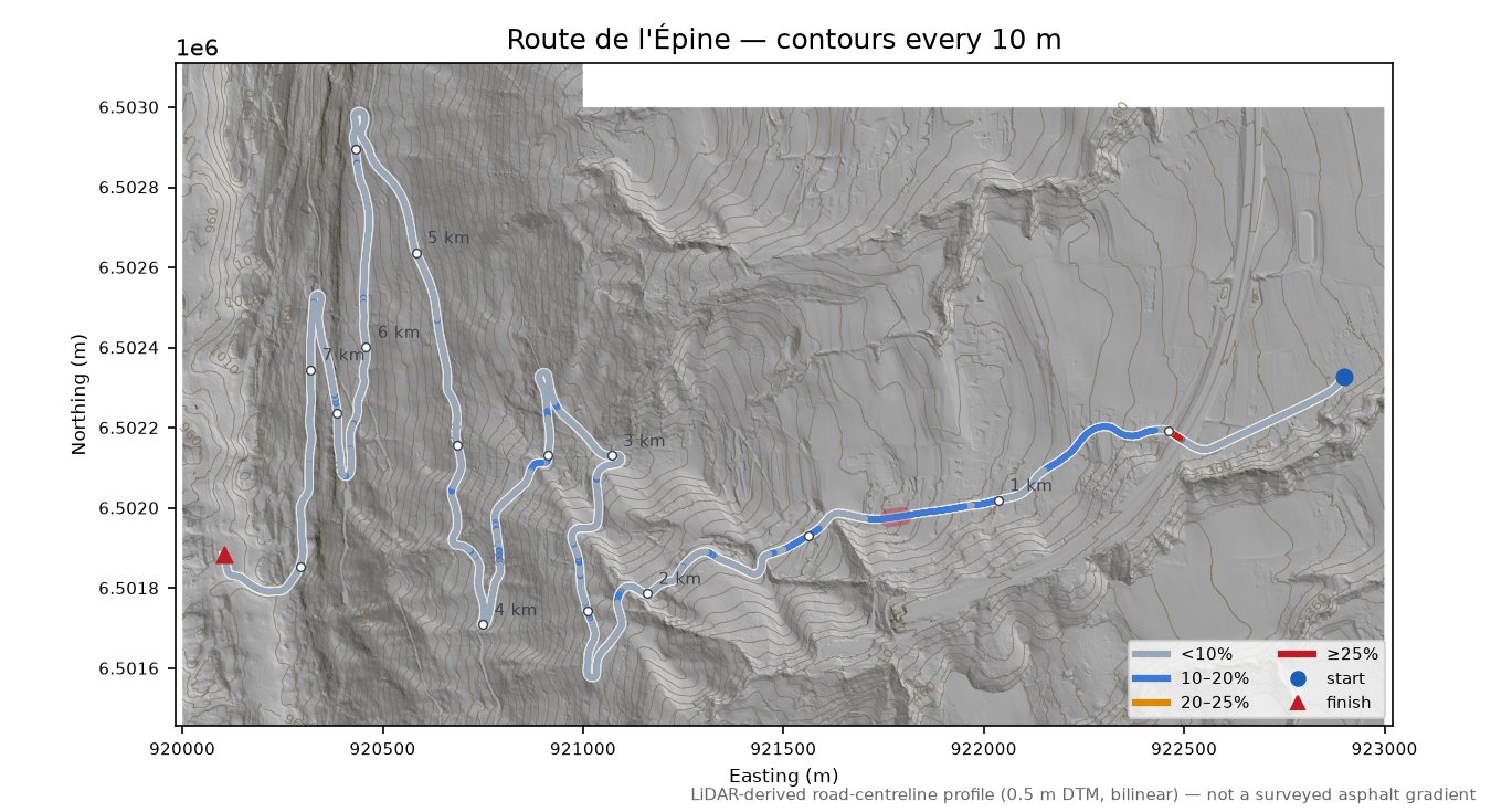 Route de l'Épine LiDAR hillshade map with contours