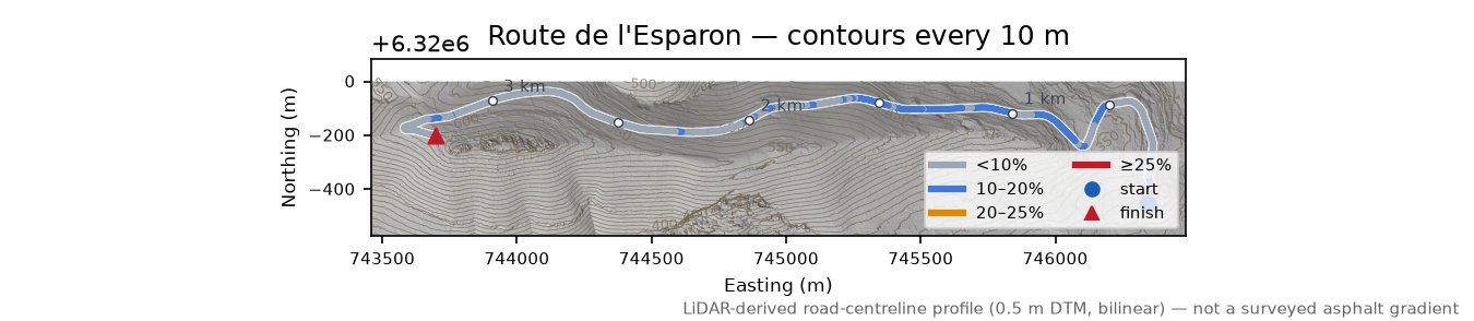 Route de l'Esparon LiDAR hillshade map with contours
