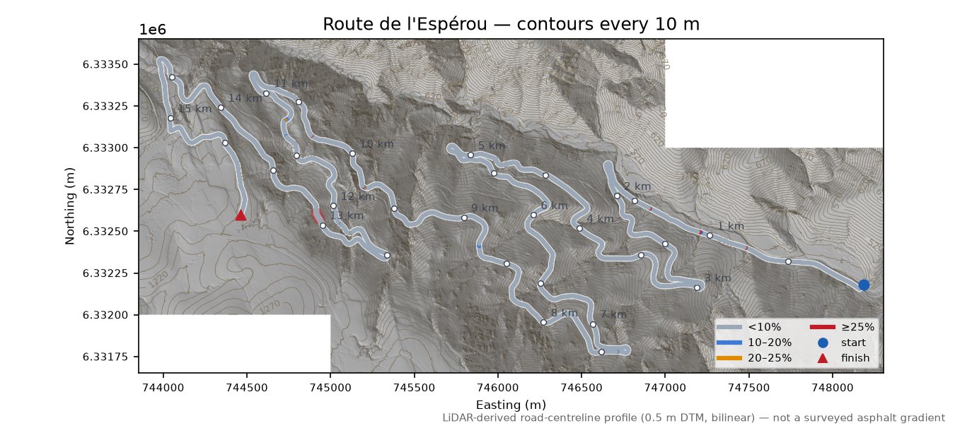 Route de l'Espérou LiDAR hillshade map with contours