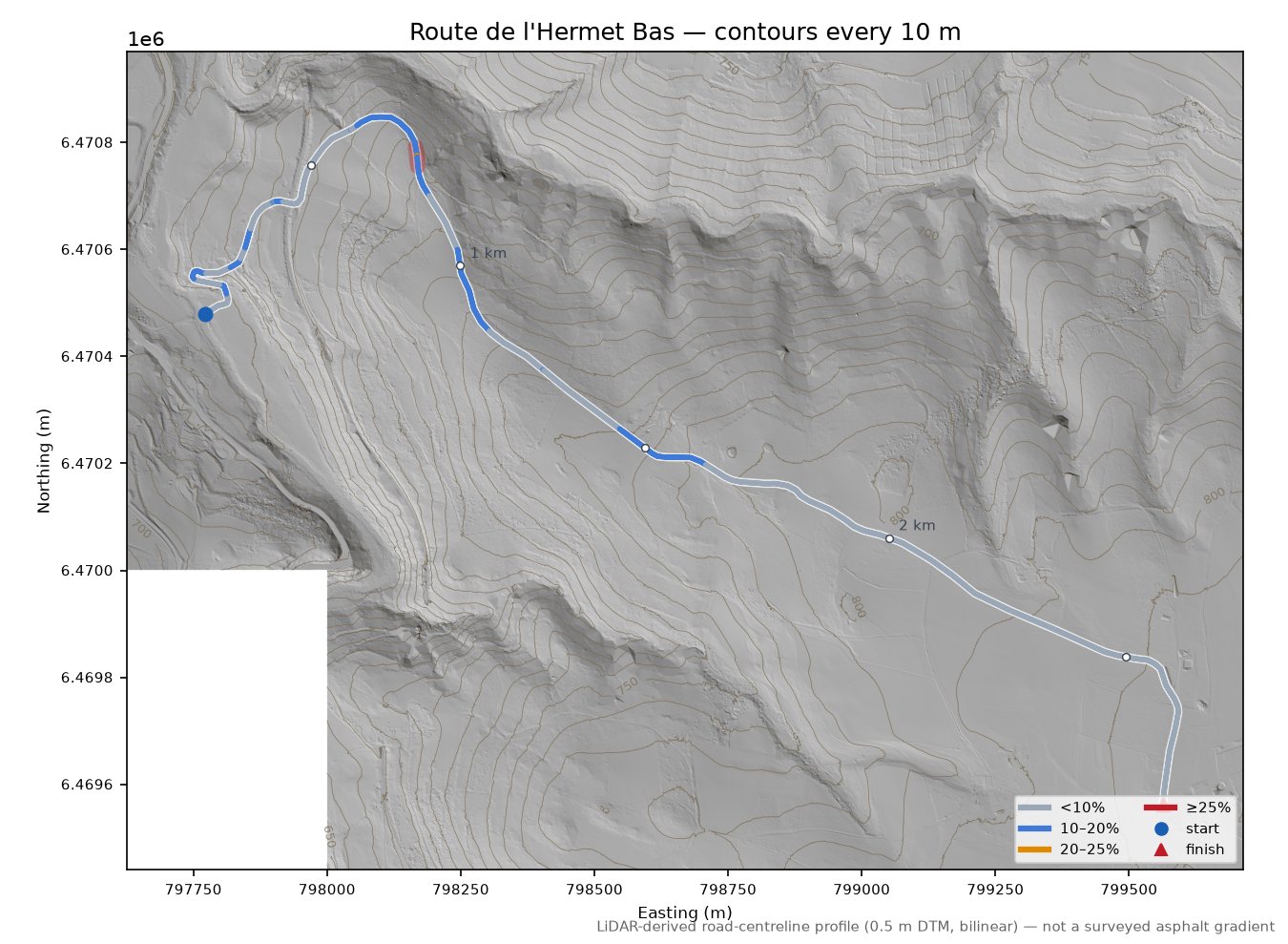 Route de l'Hermet Bas LiDAR hillshade map with contours
