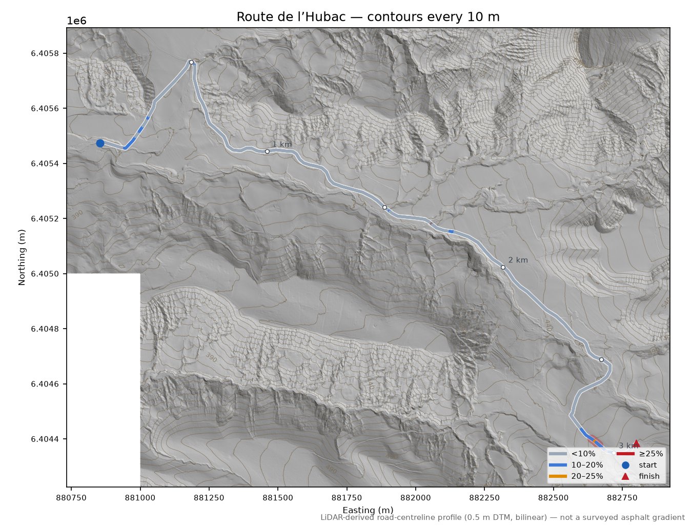 Route de l’Hubac LiDAR hillshade map with contours