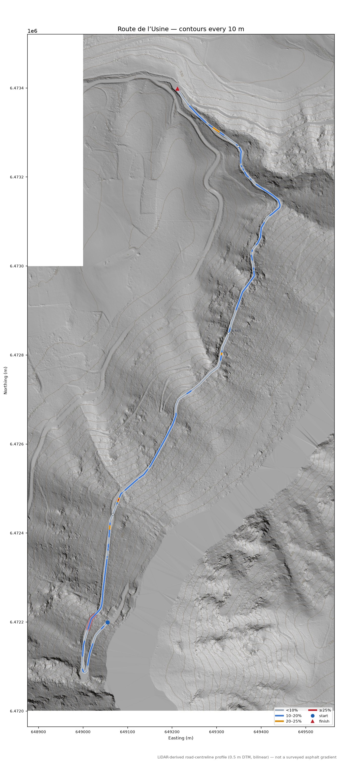 Route de l’Usine LiDAR hillshade map with contours