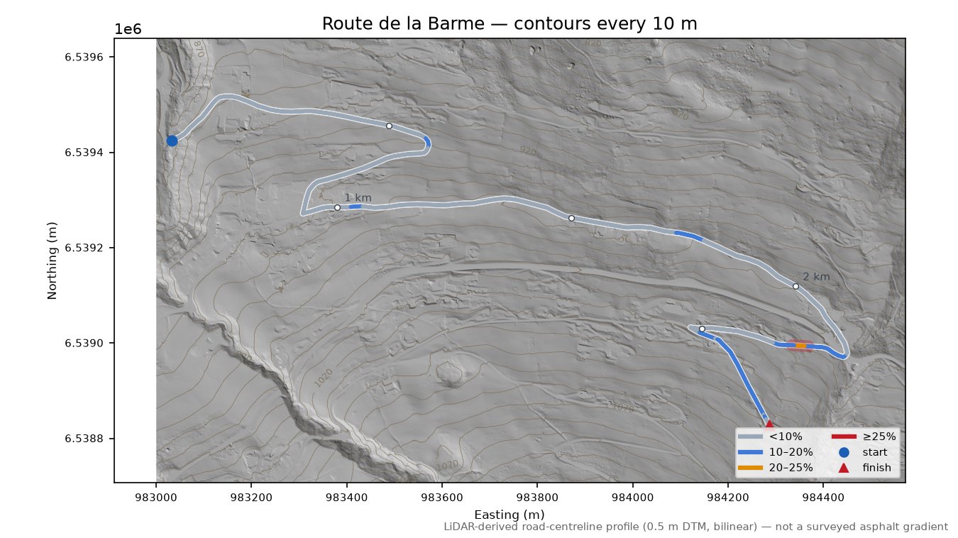 Route de la Barme LiDAR hillshade map with contours