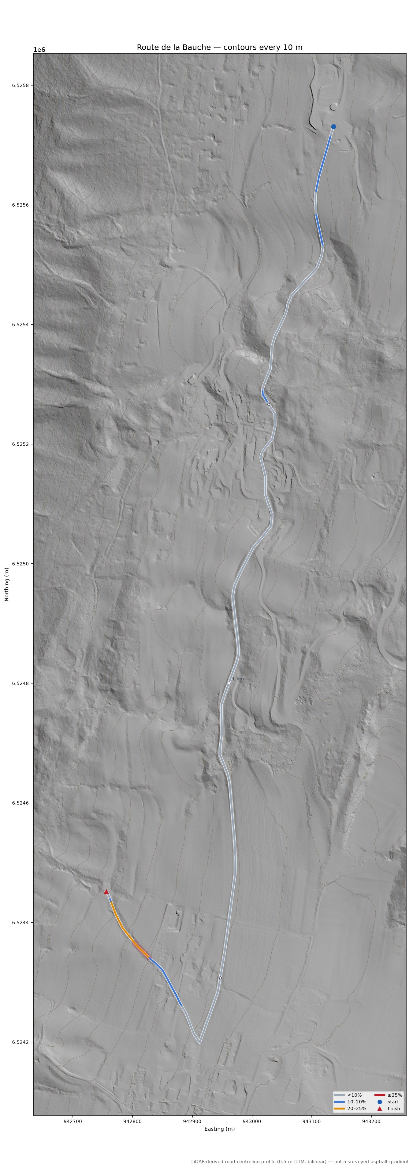Route de la Bauche LiDAR hillshade map with contours