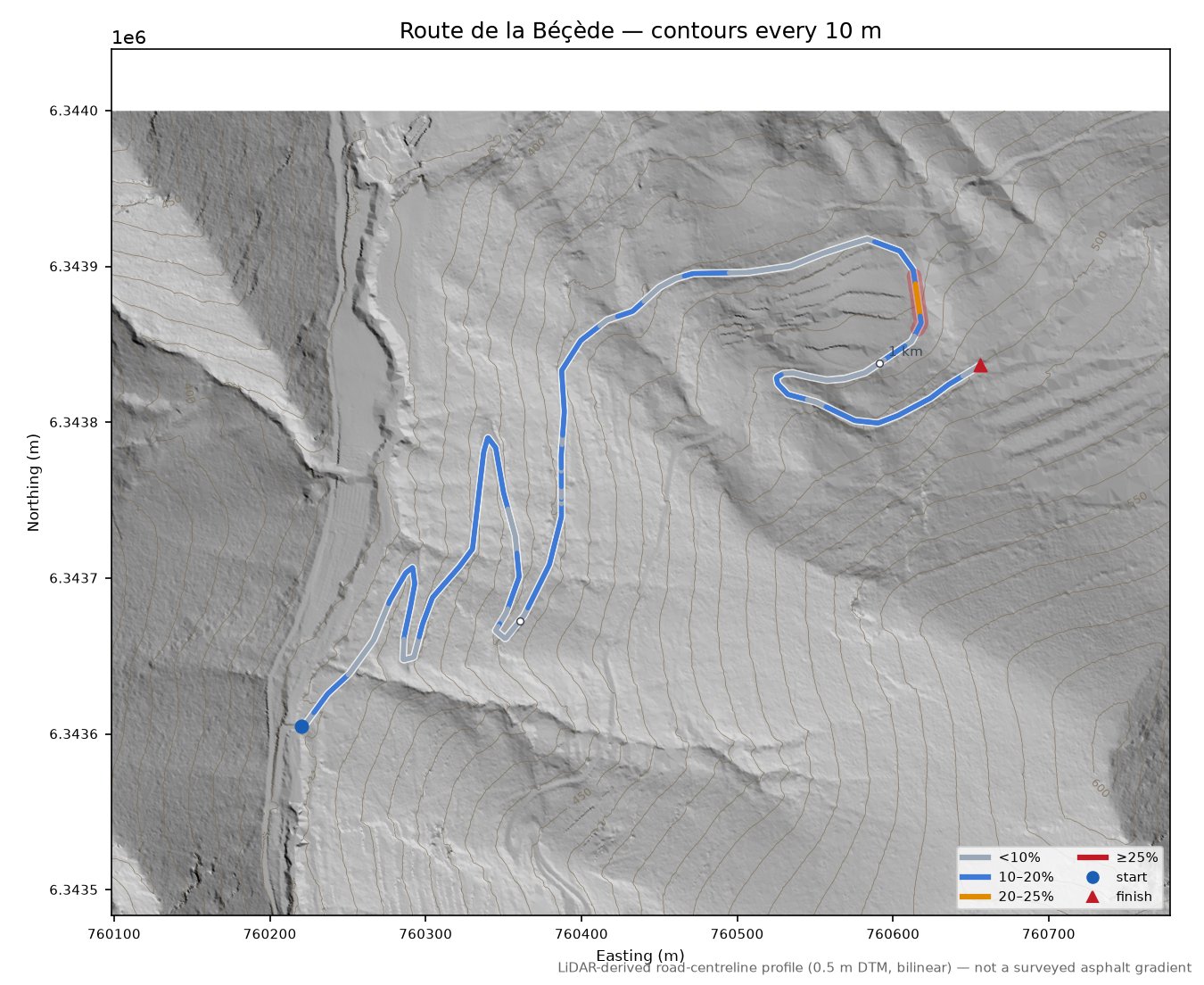 Route de la Béçède LiDAR hillshade map with contours