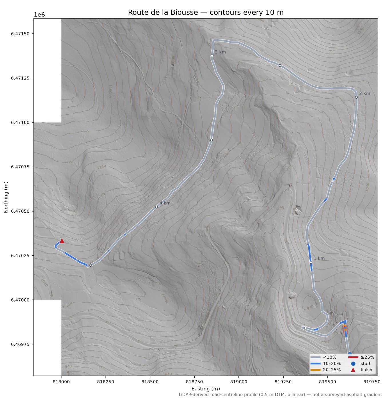 Route de la Biousse LiDAR hillshade map with contours
