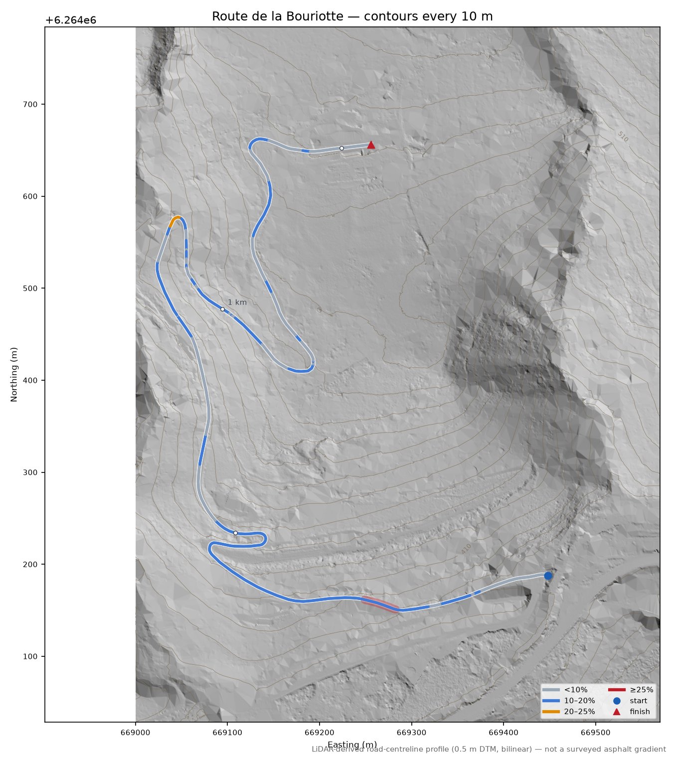 Route de la Bouriotte LiDAR hillshade map with contours