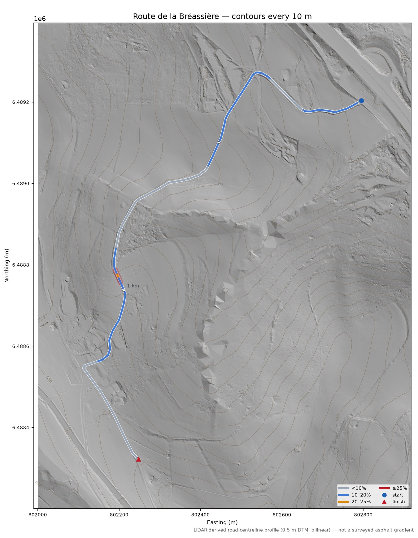 Route de la Bréassière LiDAR hillshade map with contours