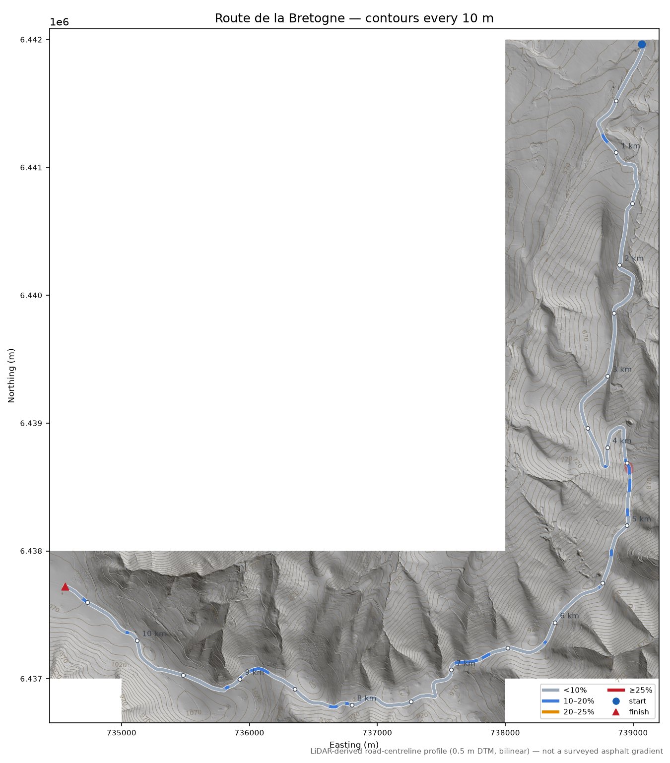 Route de la Bretogne LiDAR hillshade map with contours
