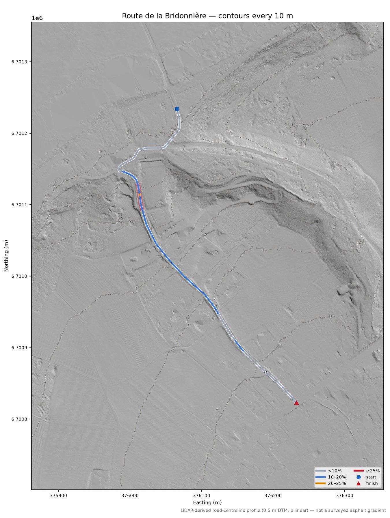 Route de la Bridonnière LiDAR hillshade map with contours