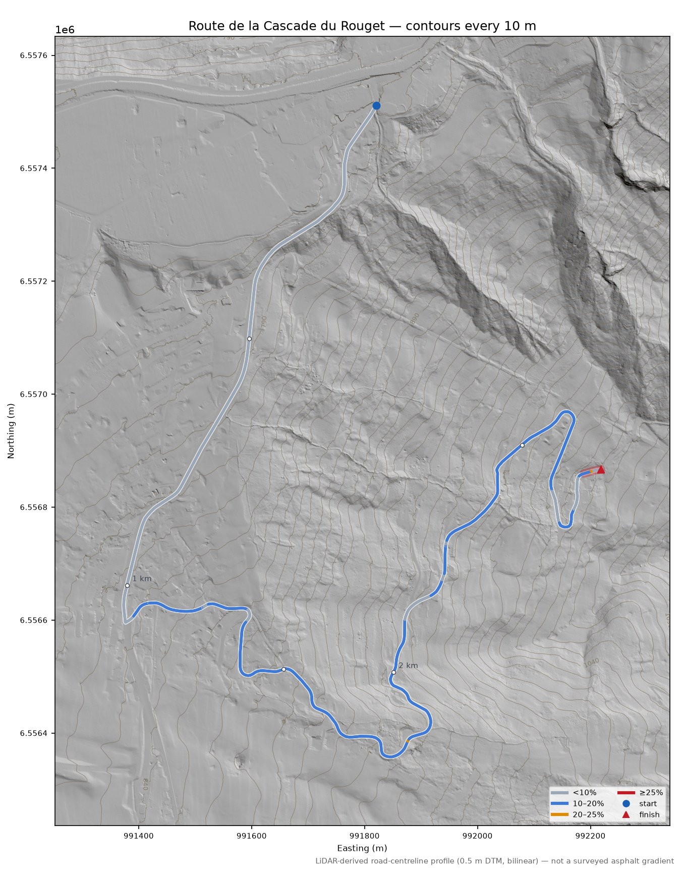 Route de la Cascade du Rouget LiDAR hillshade map with contours