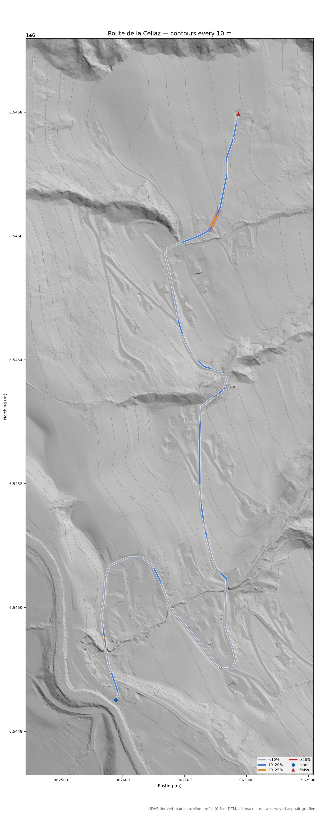 Route de la Cellaz LiDAR hillshade map with contours