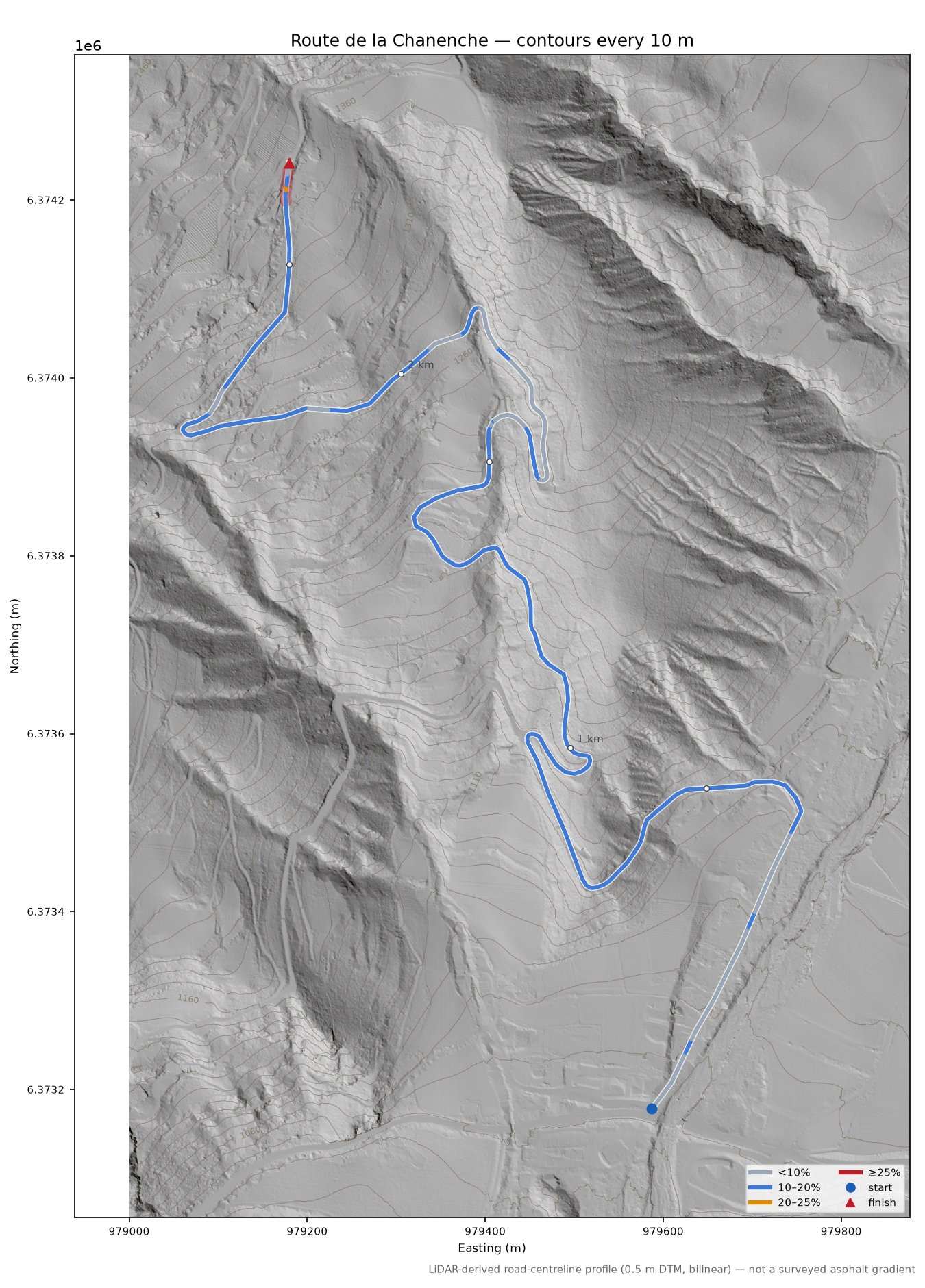 Route de la Chanenche LiDAR hillshade map with contours
