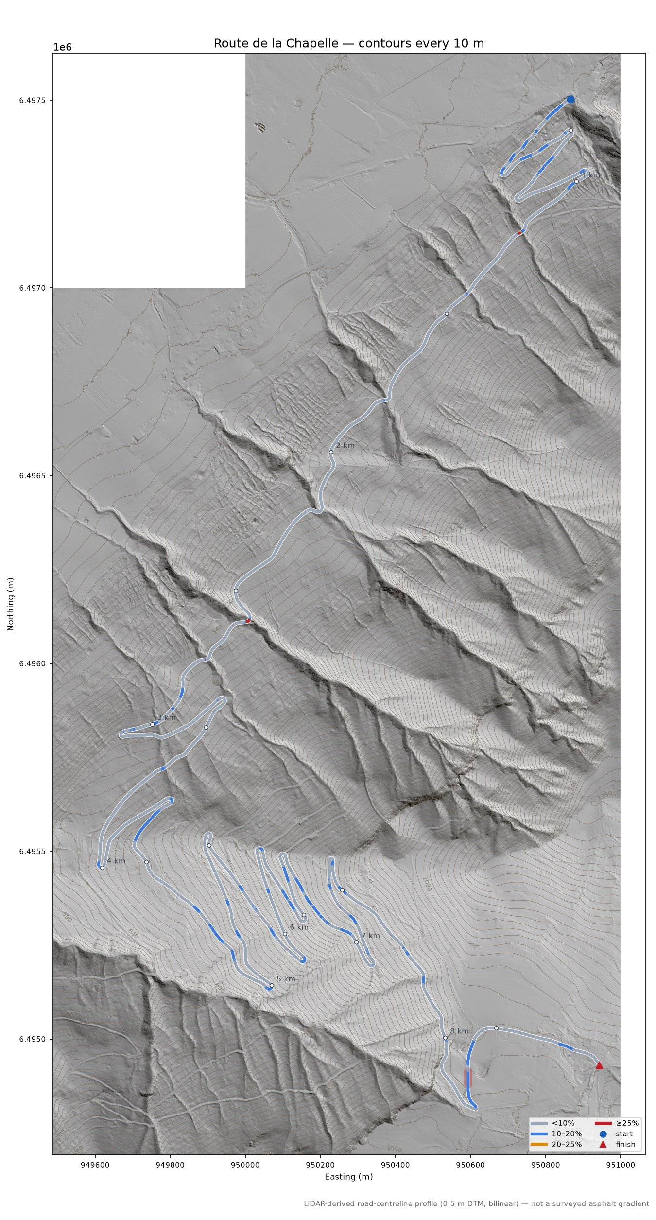 Route de la Chapelle LiDAR hillshade map with contours