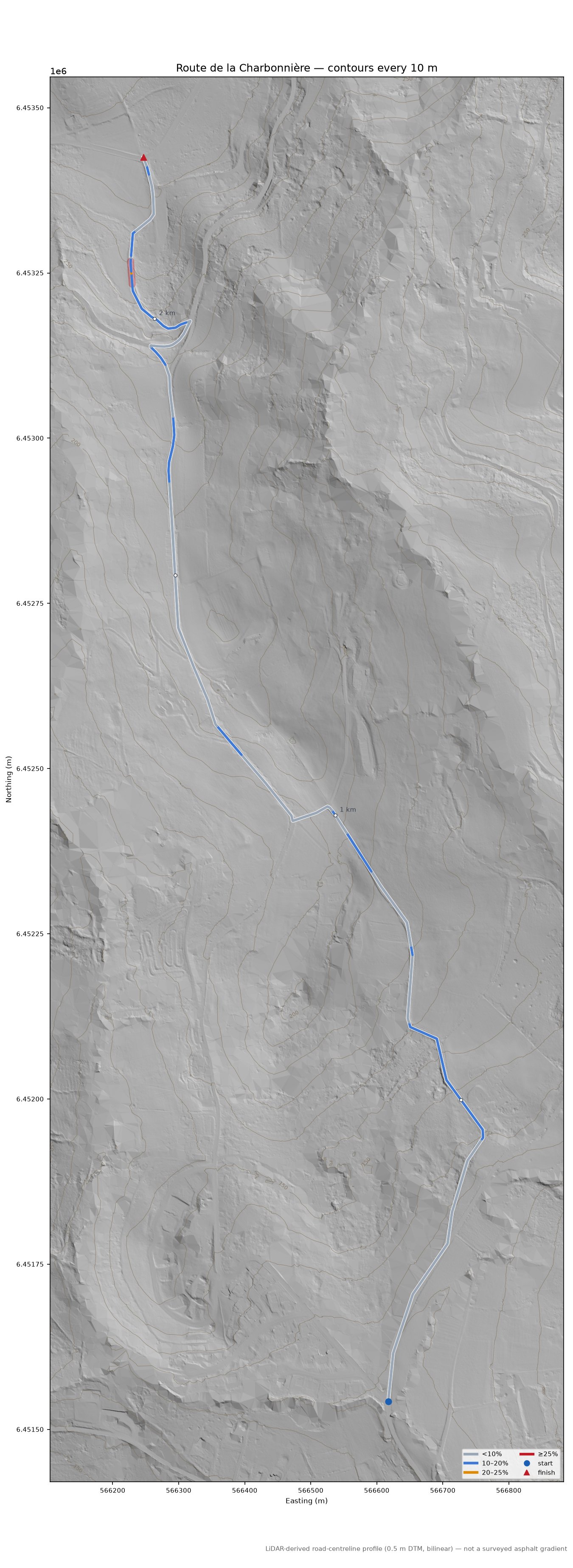 Route de la Charbonnière LiDAR hillshade map with contours