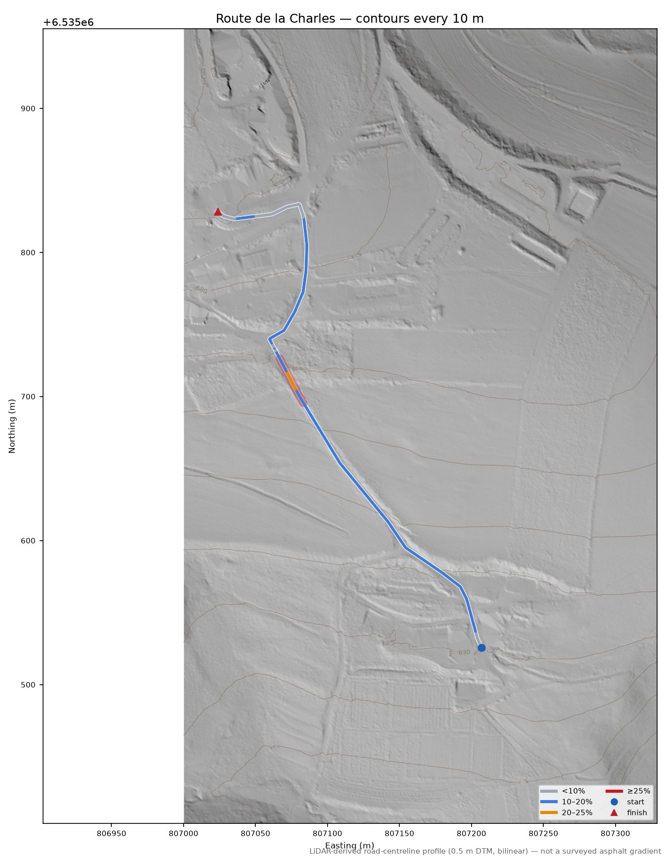 Route de la Charles LiDAR hillshade map with contours