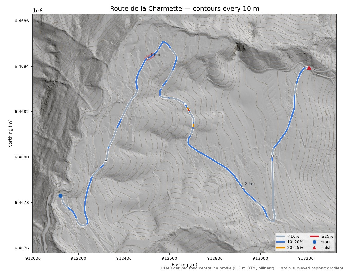 Route de la Charmette LiDAR hillshade map with contours