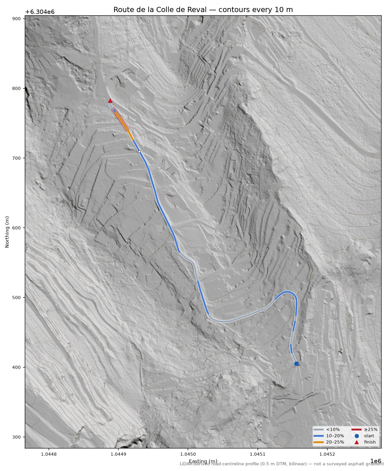 Route de la Colle de Reval LiDAR hillshade map with contours