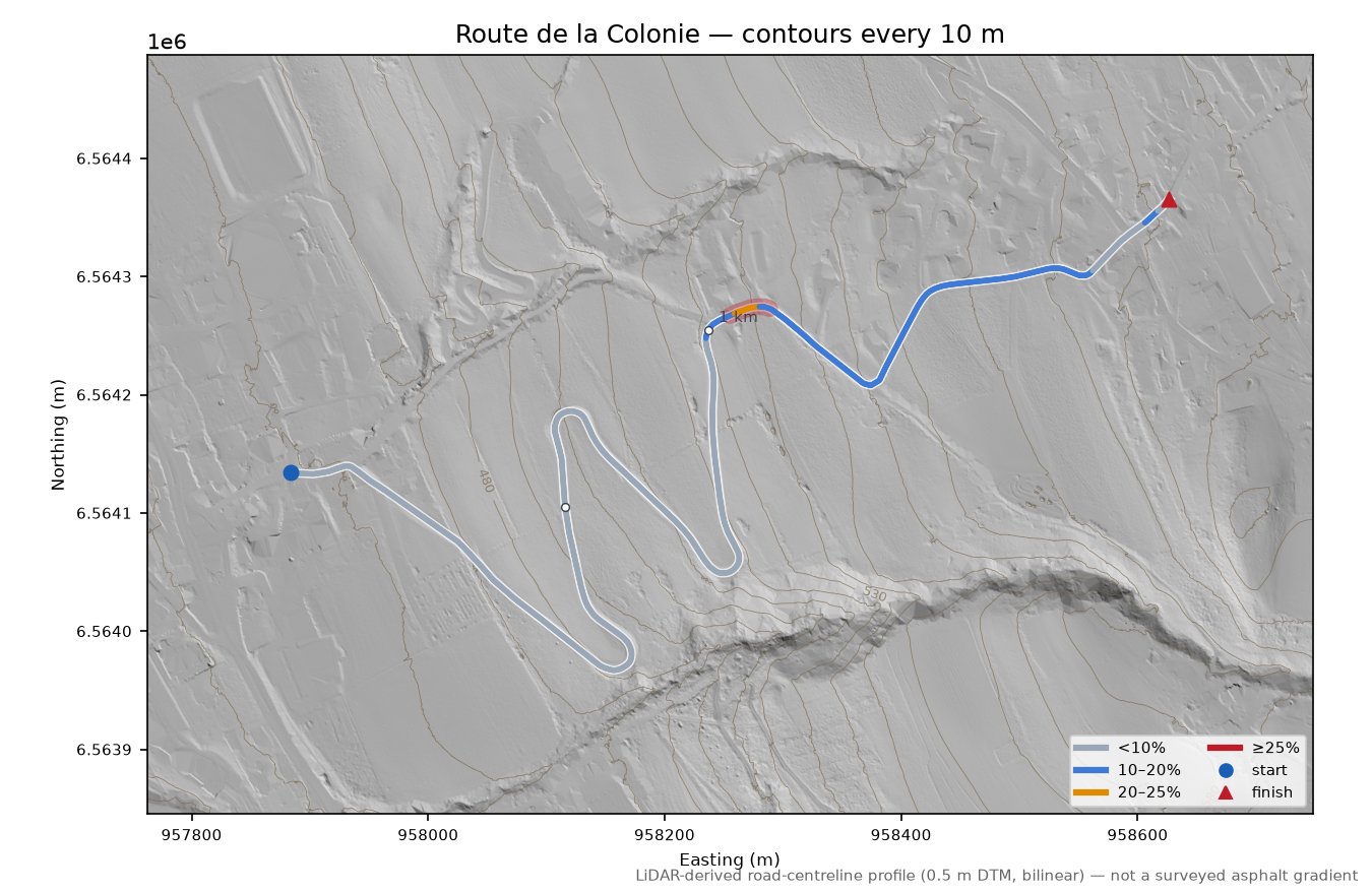 Route de la Colonie LiDAR hillshade map with contours