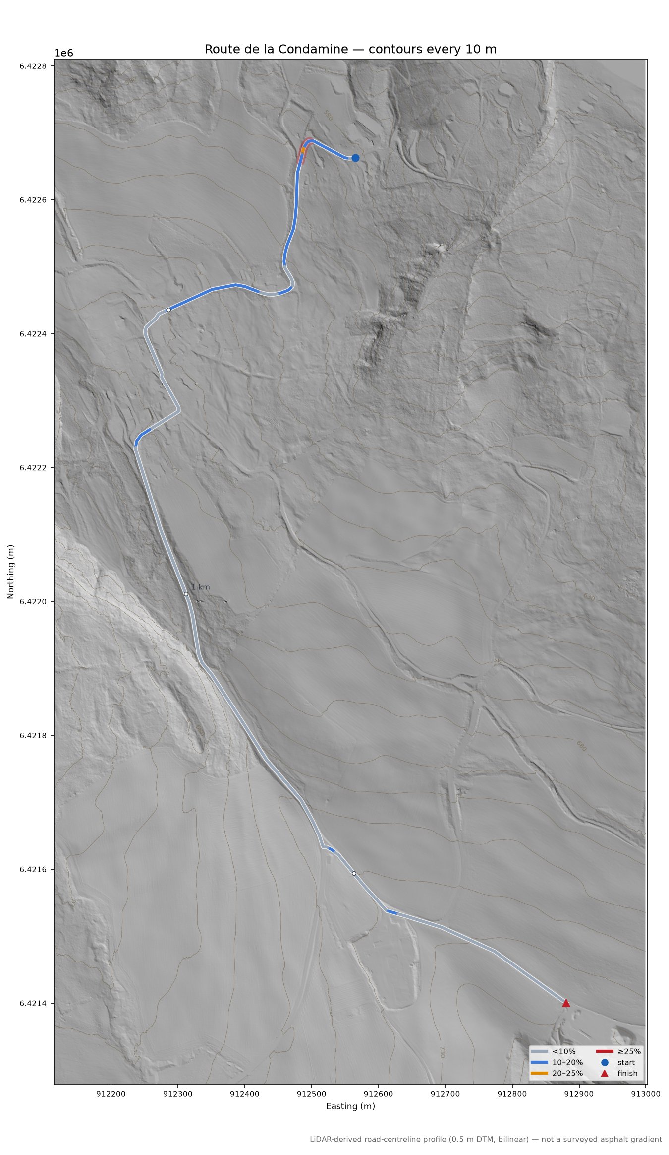 Route de la Condamine LiDAR hillshade map with contours