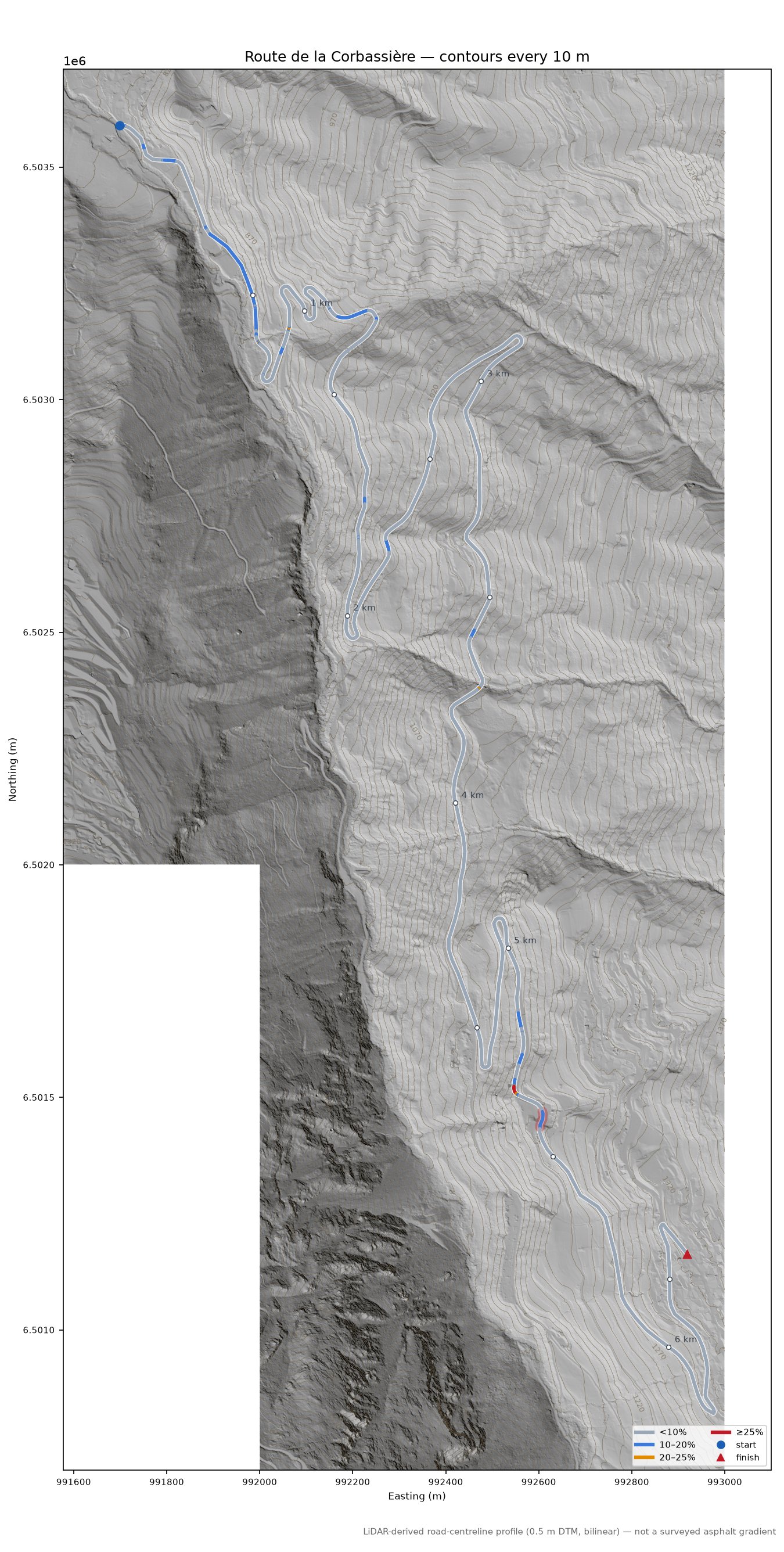 Route de la Corbassière LiDAR hillshade map with contours