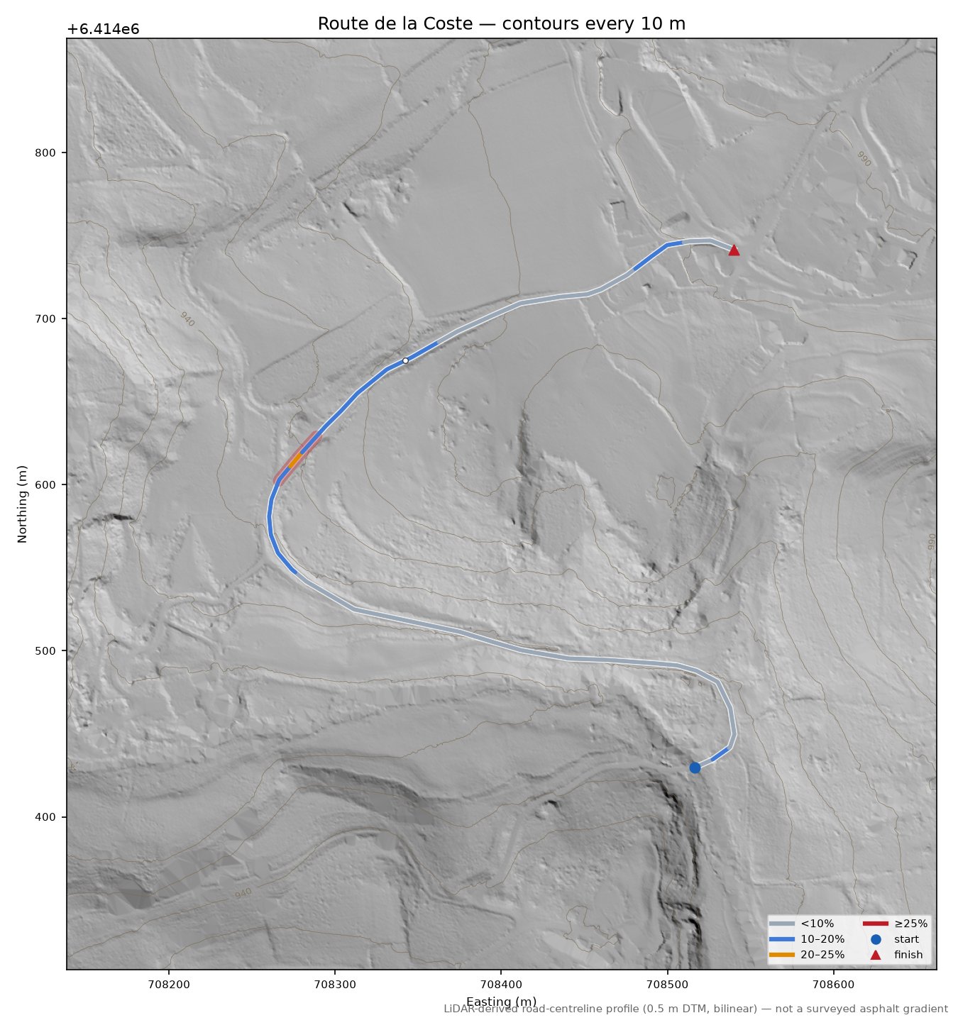 Route de la Coste LiDAR hillshade map with contours