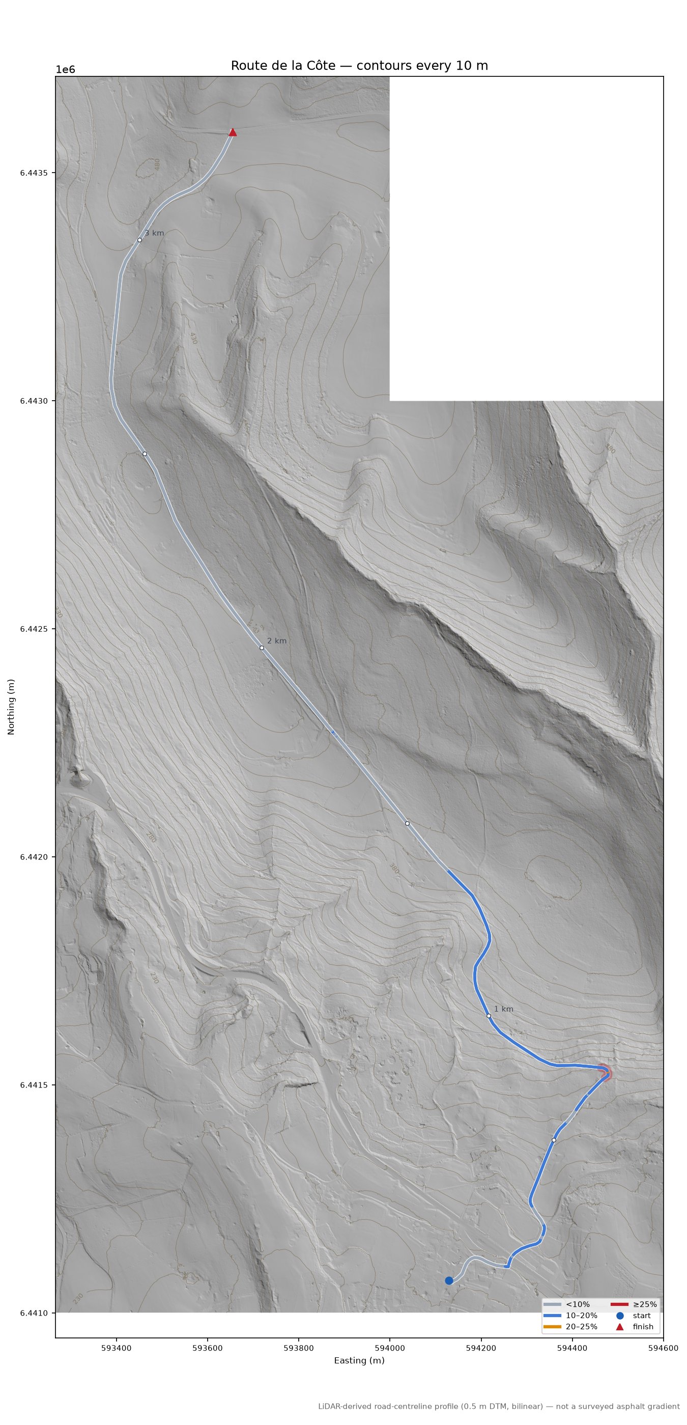 Route de la Côte LiDAR hillshade map with contours