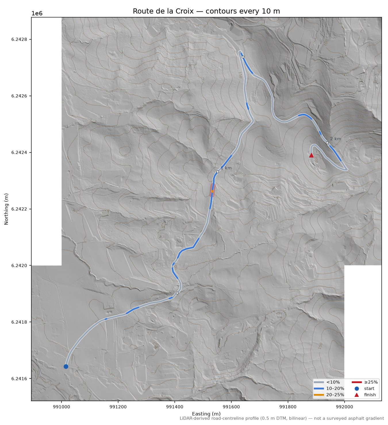 Route de la Croix LiDAR hillshade map with contours