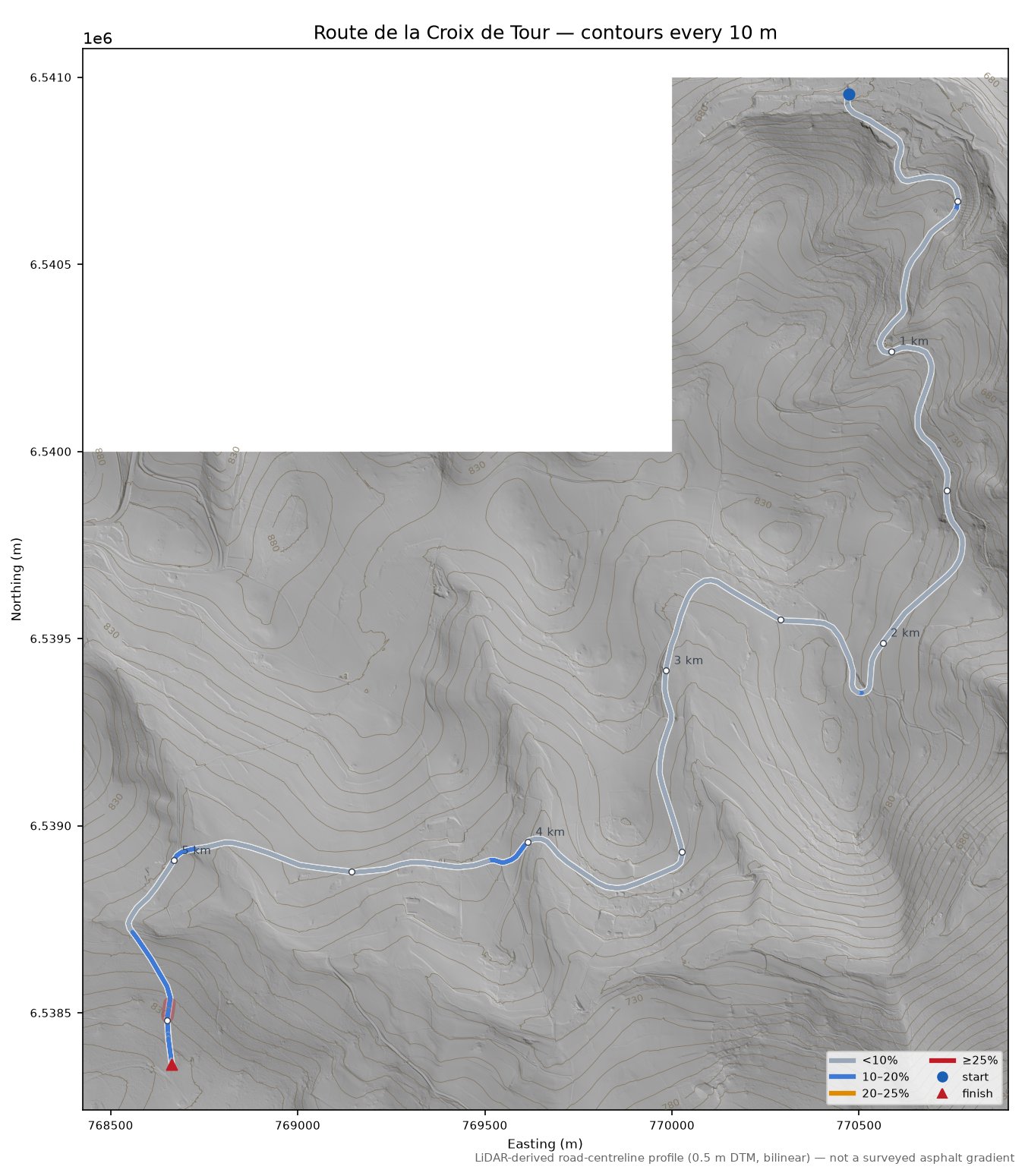 Route de la Croix de Tour LiDAR hillshade map with contours