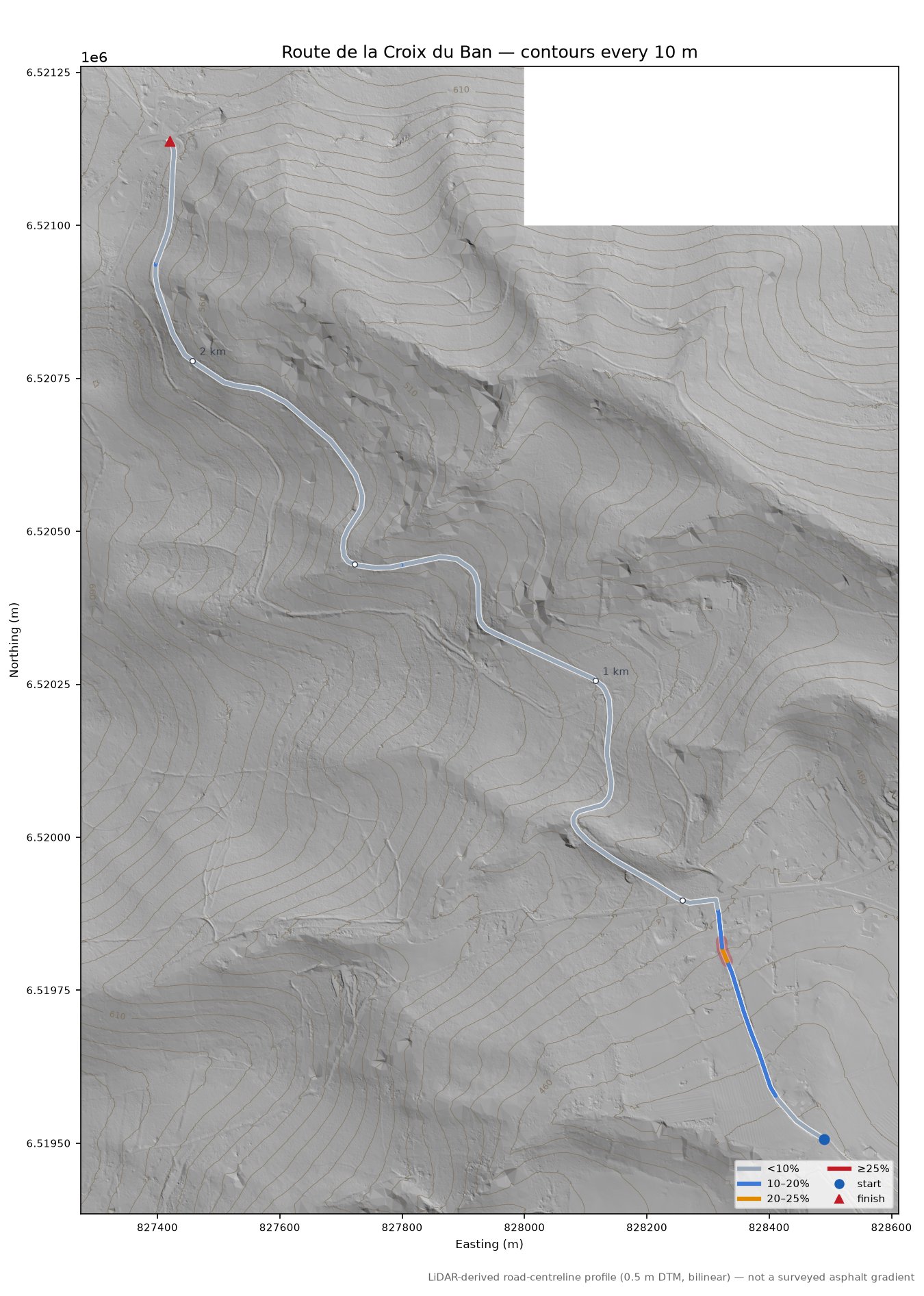 Route de la Croix du Ban LiDAR hillshade map with contours