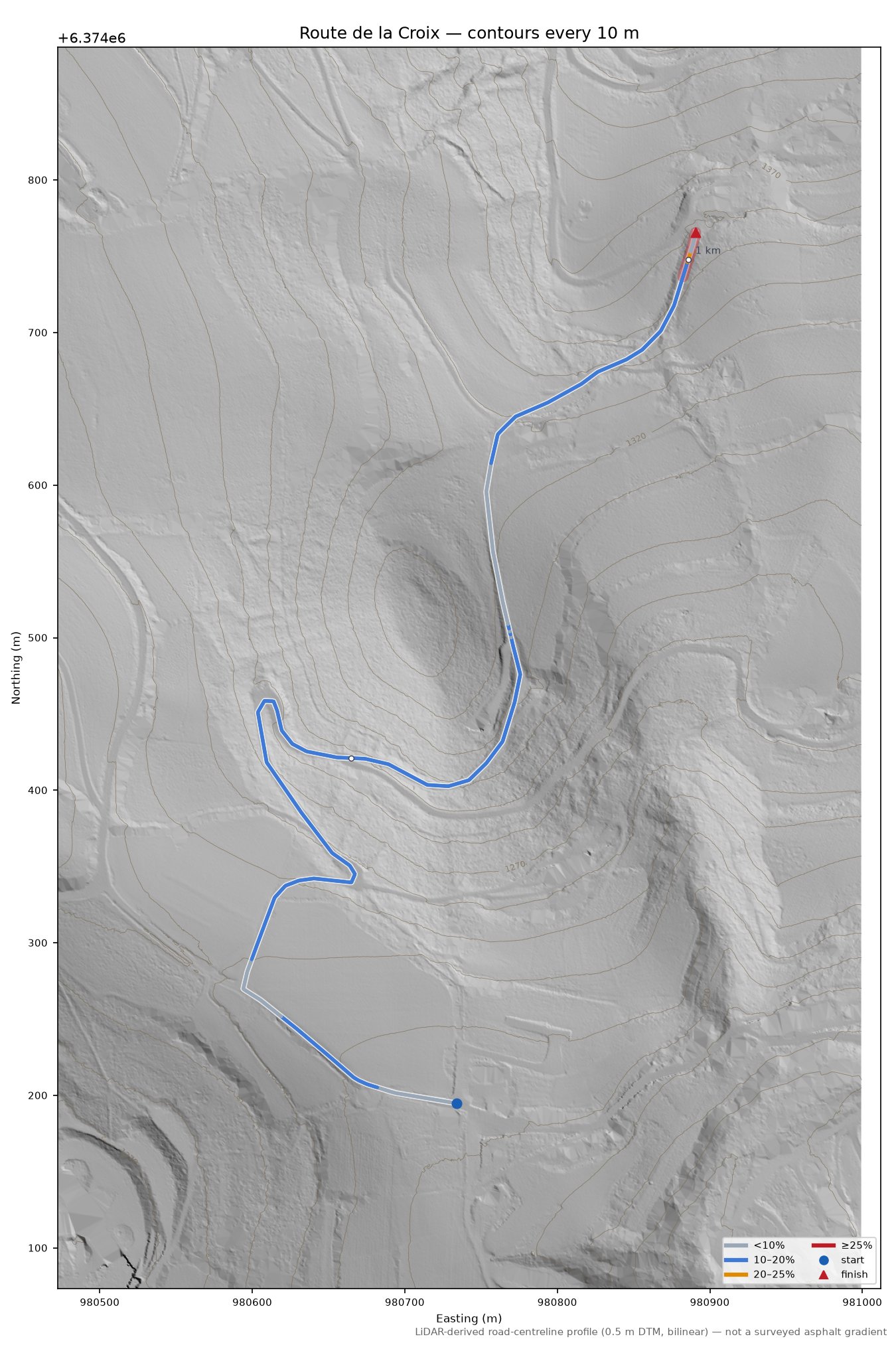 Route de la Croix LiDAR hillshade map with contours