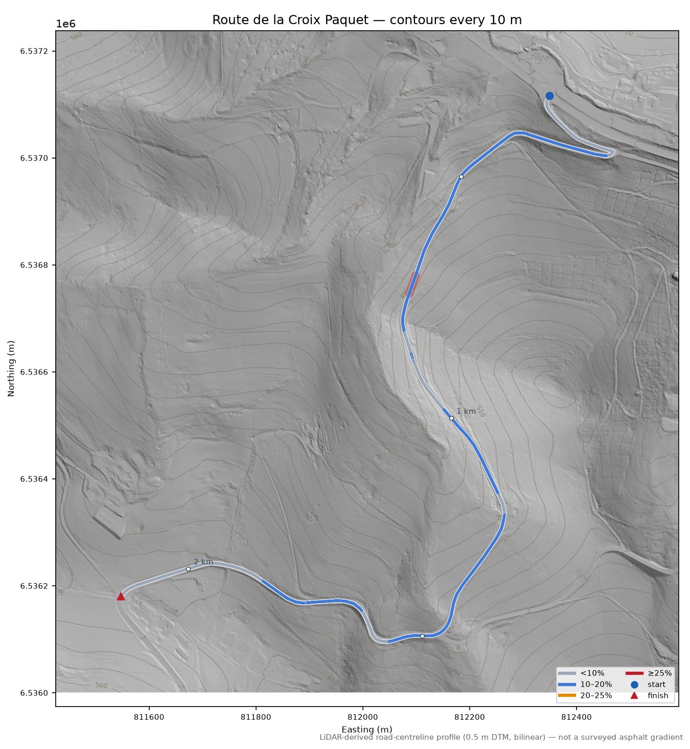 Route de la Croix Paquet LiDAR hillshade map with contours