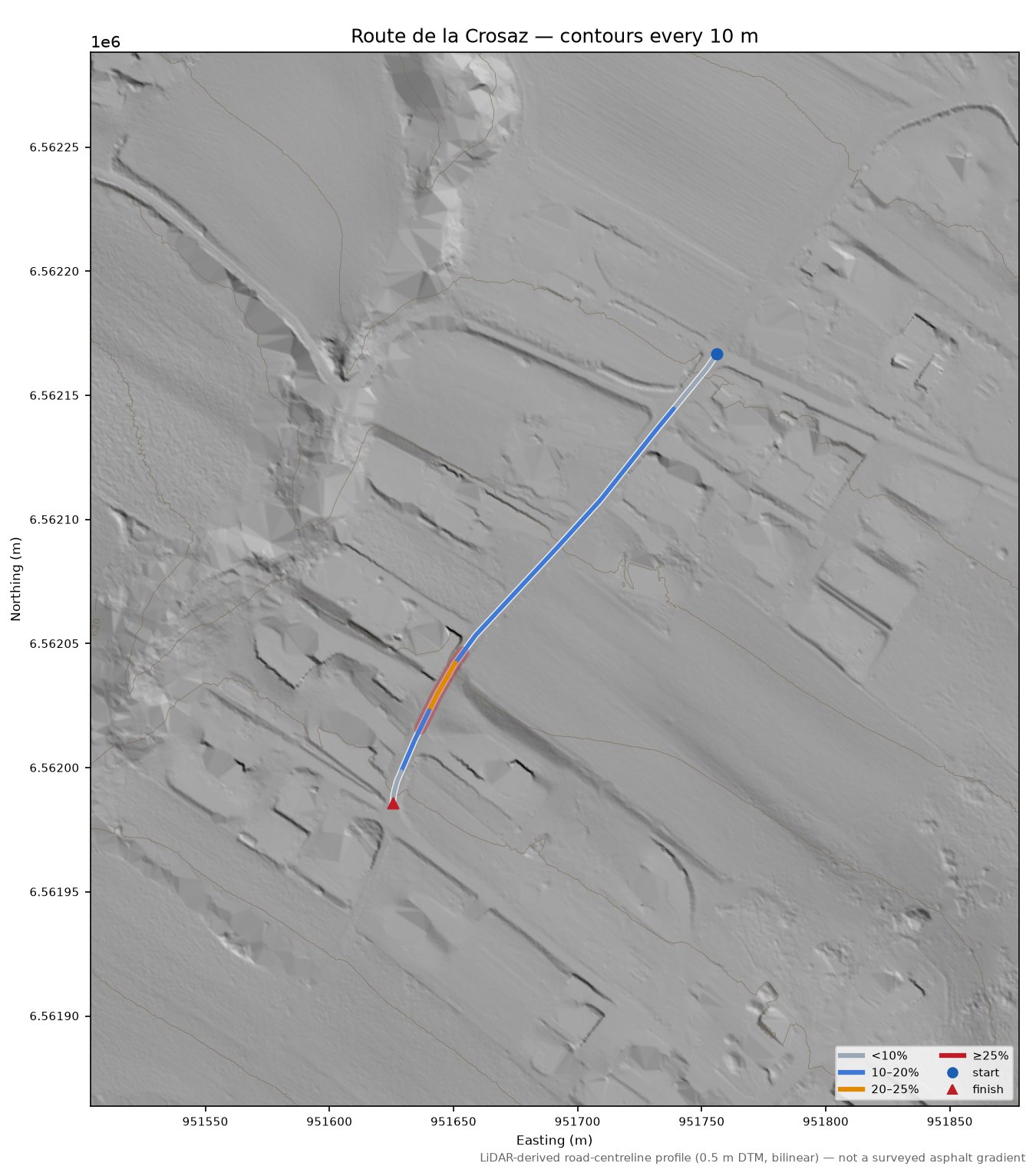 Route de la Crosaz LiDAR hillshade map with contours