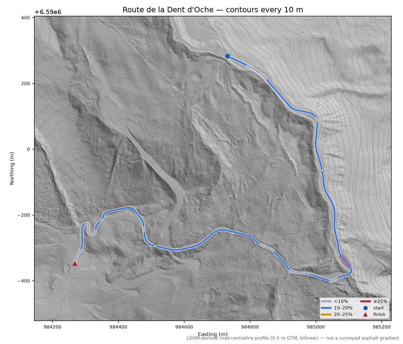 Route de la Dent d'Oche LiDAR hillshade map with contours