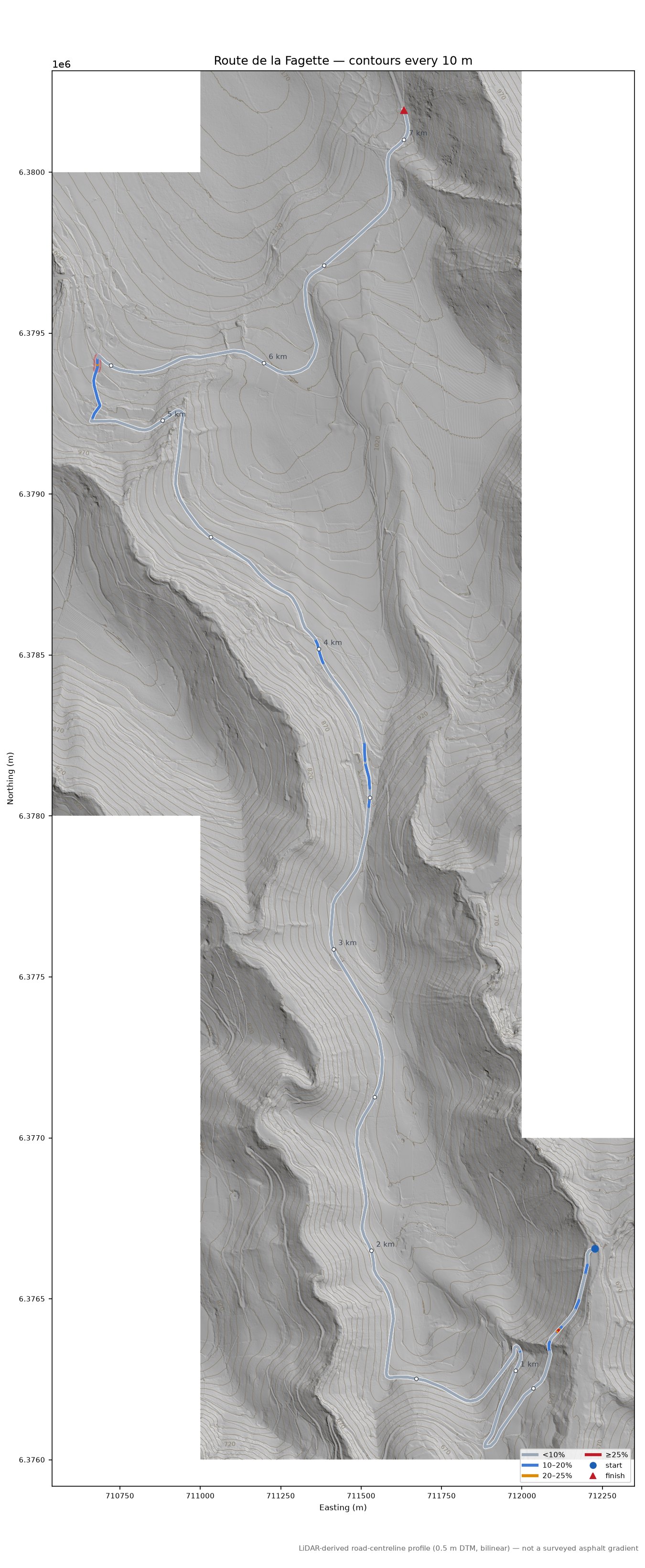Route de la Fagette LiDAR hillshade map with contours