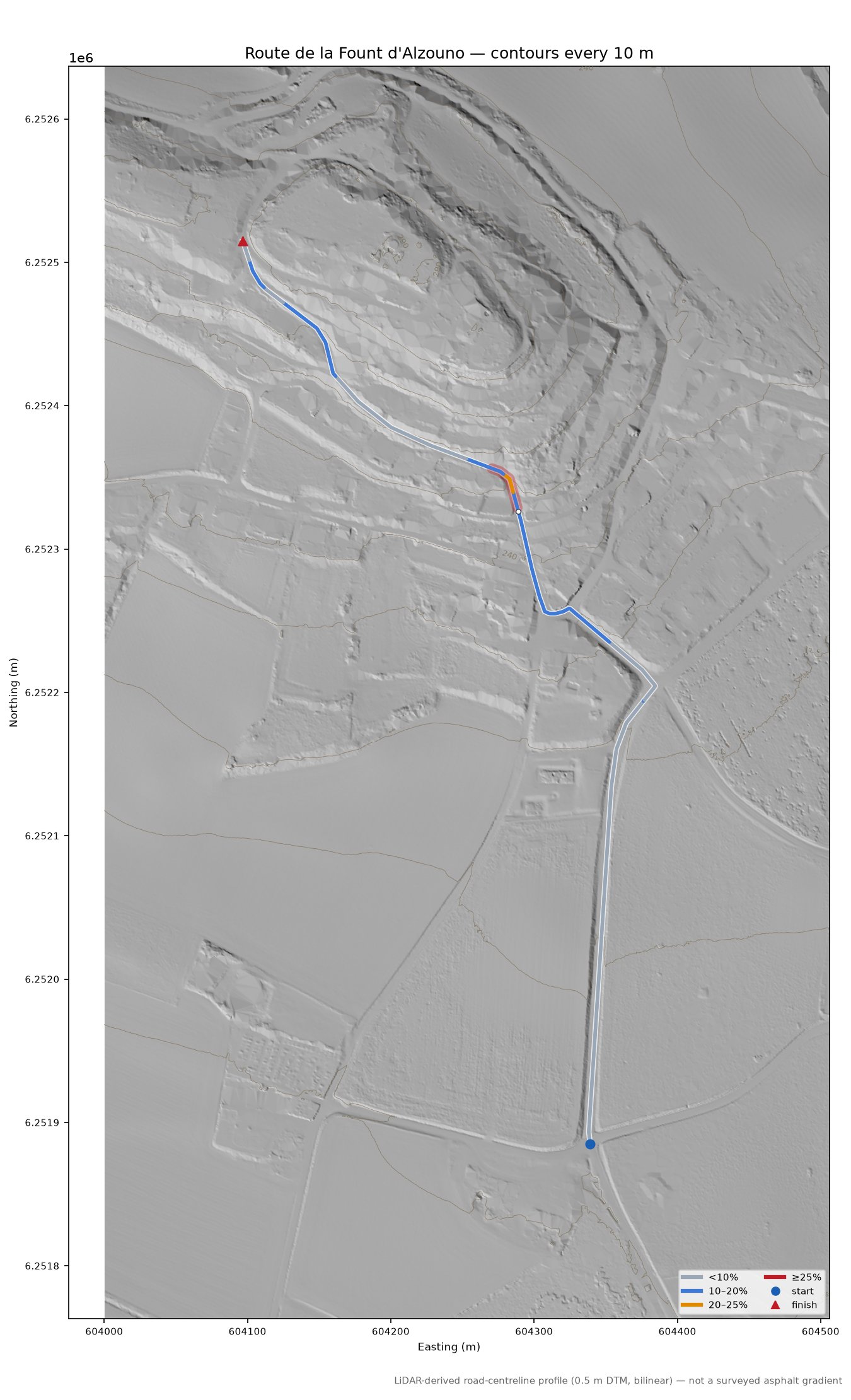 Route de la Fount d'Alzouno LiDAR hillshade map with contours