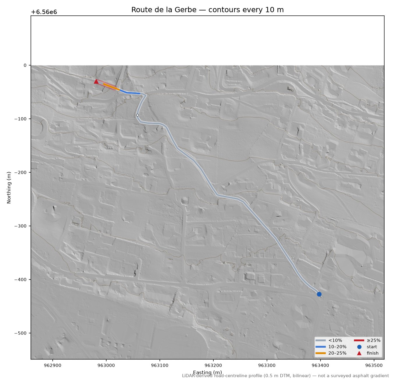 Route de la Gerbe LiDAR hillshade map with contours