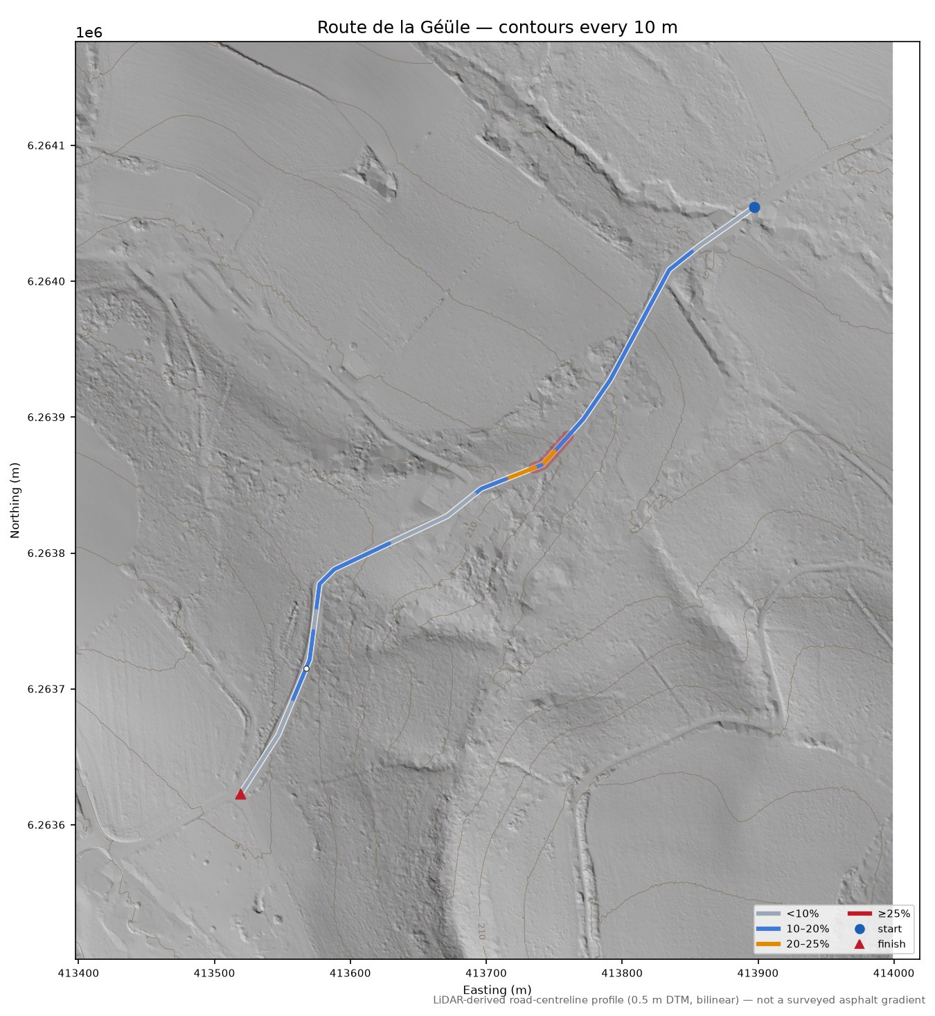 Route de la Géüle LiDAR hillshade map with contours