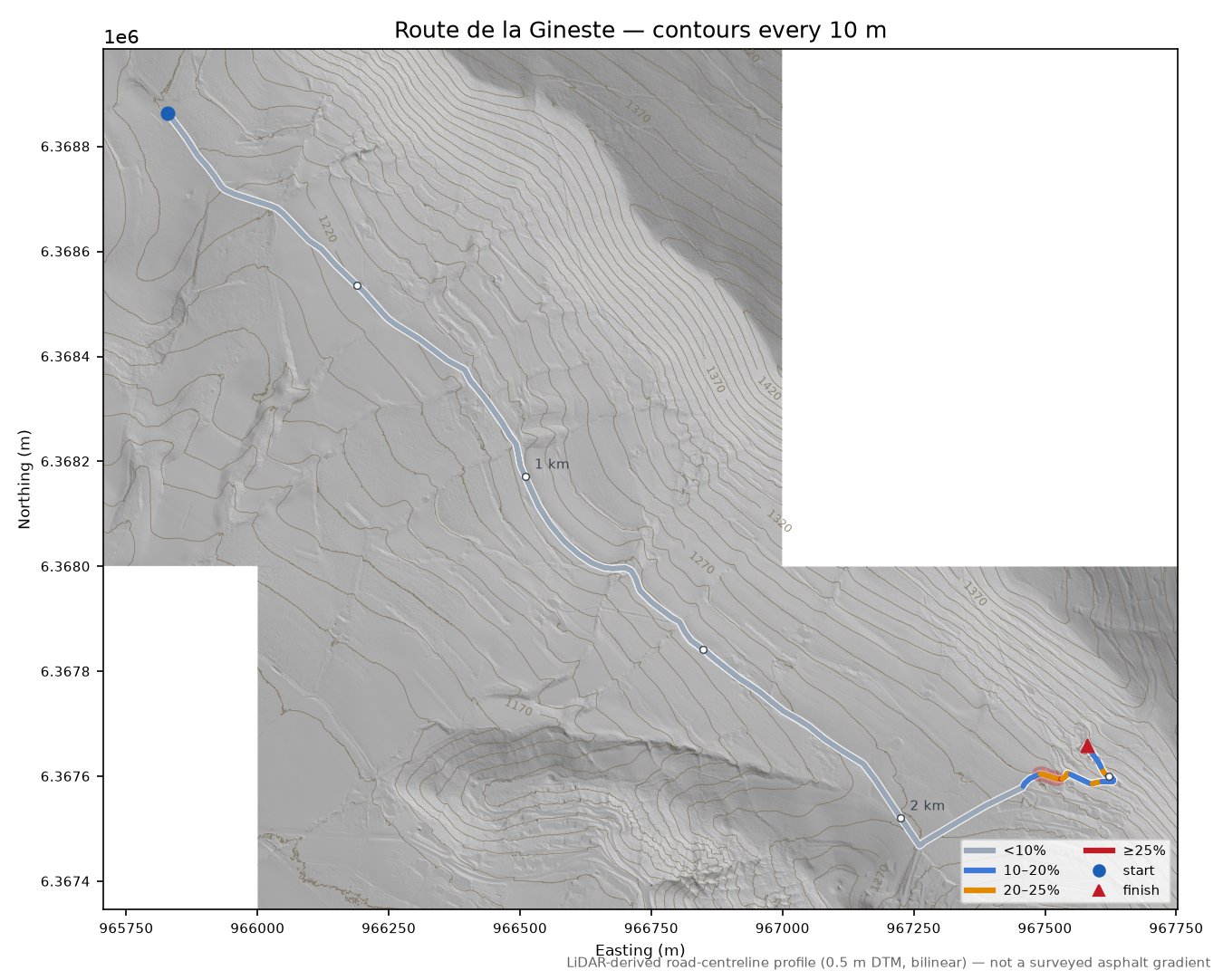 Route de la Gineste LiDAR hillshade map with contours
