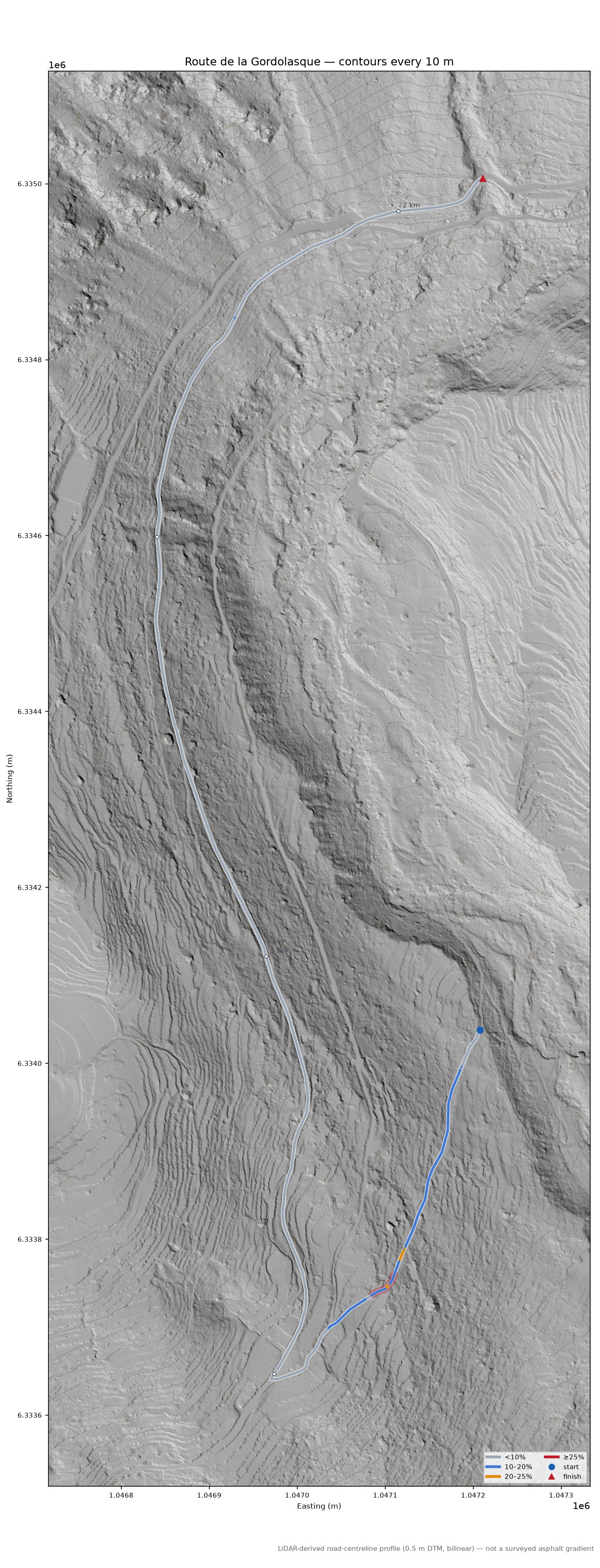 Route de la Gordolasque LiDAR hillshade map with contours
